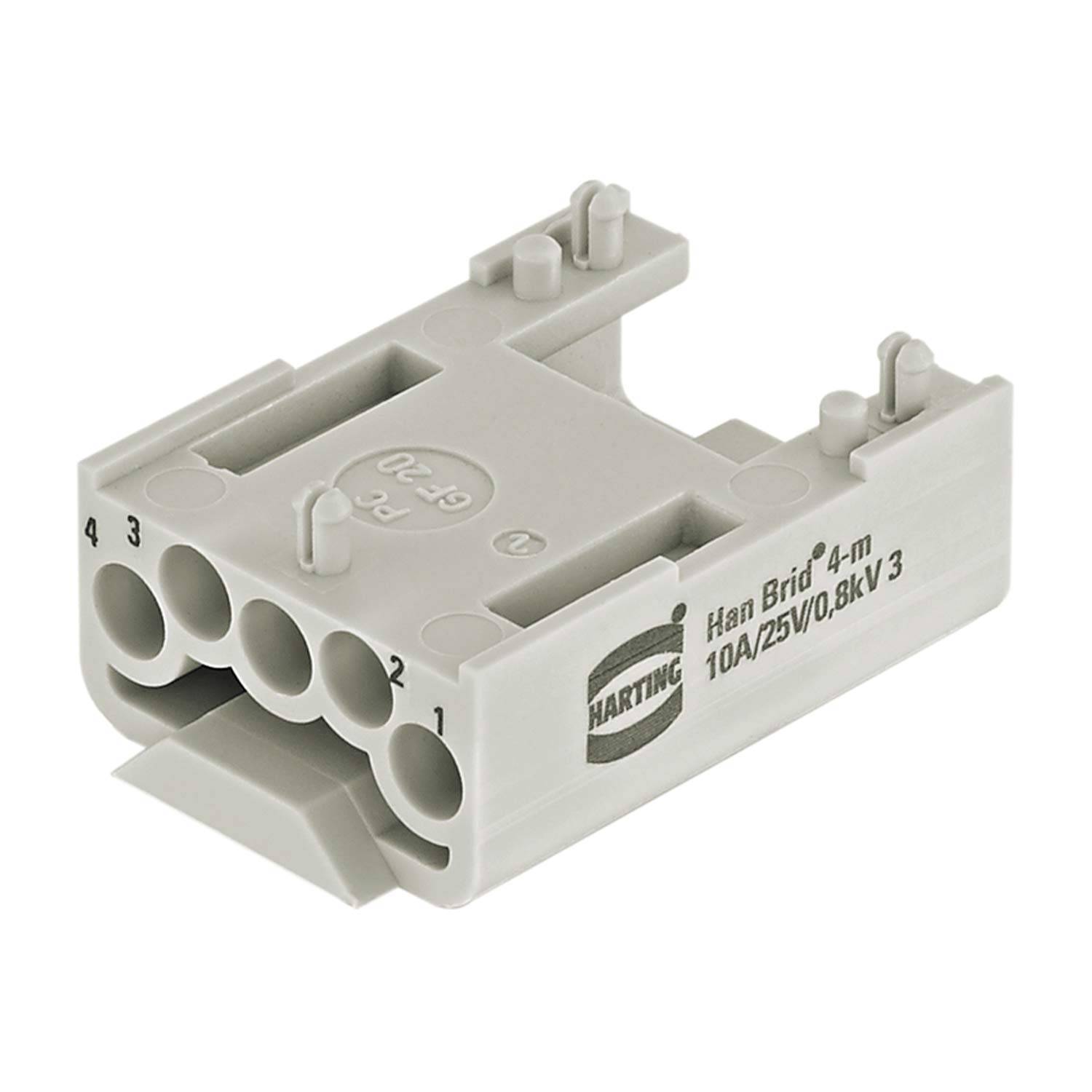 Ein grauer Elektrostecker mit sechs kreisförmigen Anschlüssen, auf der Seite mit 