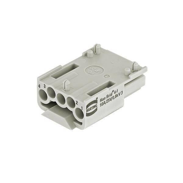 Ein grauer, vierkantiger elektrischer Stecker, beschriftet mit 'HARTING Han-Brid B+', mit Spezifikationen '10A/ESV/0,8kV 3', die seitlich sichtbar sind.