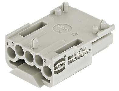 Weißer Han Brid Steckverbinder mit sieben kreisförmigen Anschlüssen, die von 1 bis 4 beschriftet sind, Harting-Logo und Spezifikationen: 10A/25W/0,8kV 3.