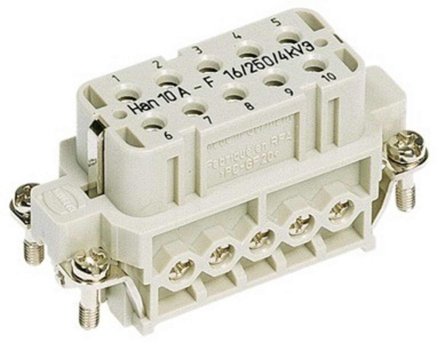 Weißer Han 10A-F Steckverbinder mit Schrauben für elektrische Anwendungen, gekennzeichnet mit 16/250/4kV3, und technischen Spezifikationen, die oben aufgedruckt sind.