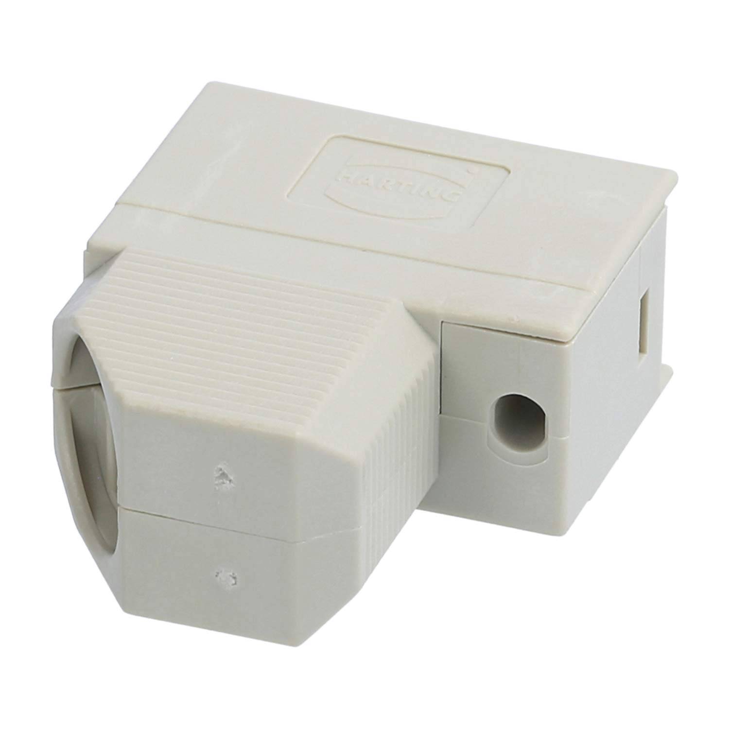 Ein weißer, rechteckiger Elektrostecker mit einem vorstehenden zylindrischen Bauteil auf einer Seite, das eine gerippte Oberflächenstruktur aufweist.