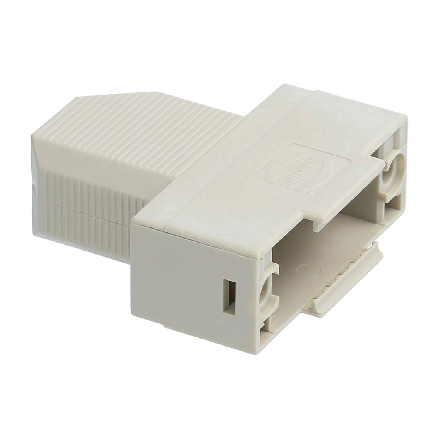 Weißer RJ45-Kupplungsstecker mit rechteckiger Bauform, wird zum Verbinden von zwei Ethernet-Kabeln verwendet und verfügt über einen offenen Schlitz zum Einschieben von Kabeln.
