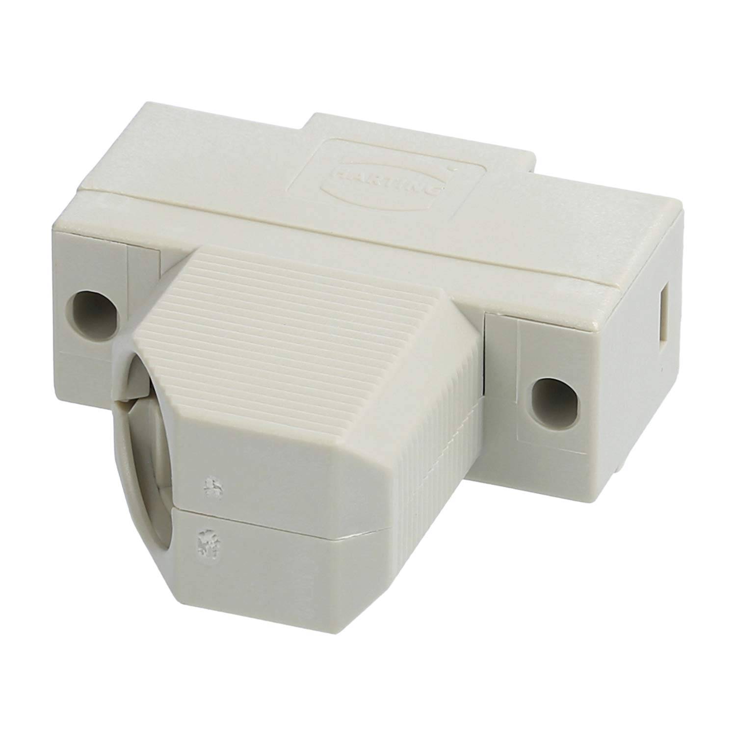 Ein weißer Elektrostecker mit gespaltener Ausführung und zwei Kabeleingangsöffnungen, der für schnelle, werkzeugslose Drahtverbindungen verwendet wird.