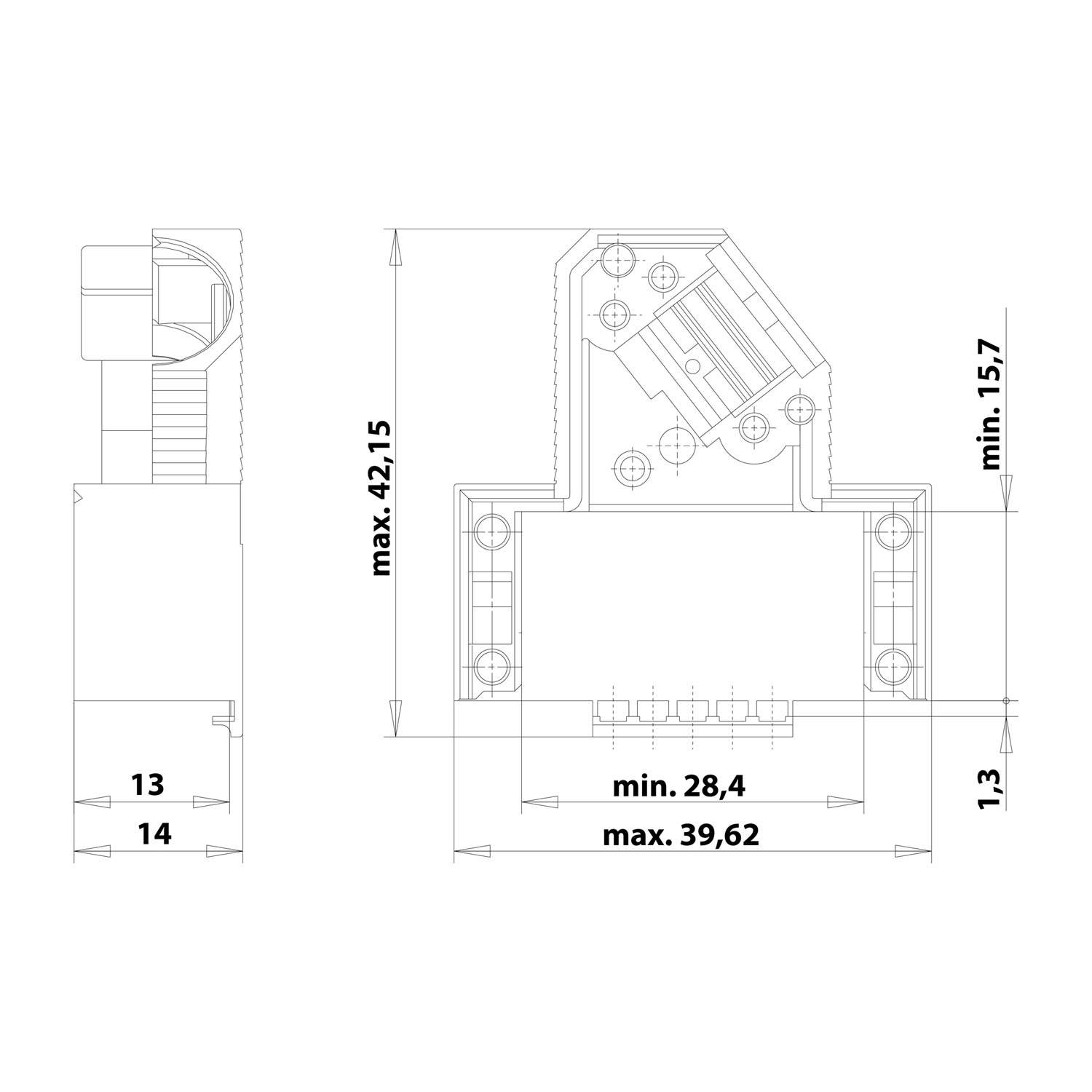 Technisches Diagramm mit Abmessungen einer elektronischen Komponente, mit gekennzeichneten Höhen und Breiten sowie Details zum Anschluss.