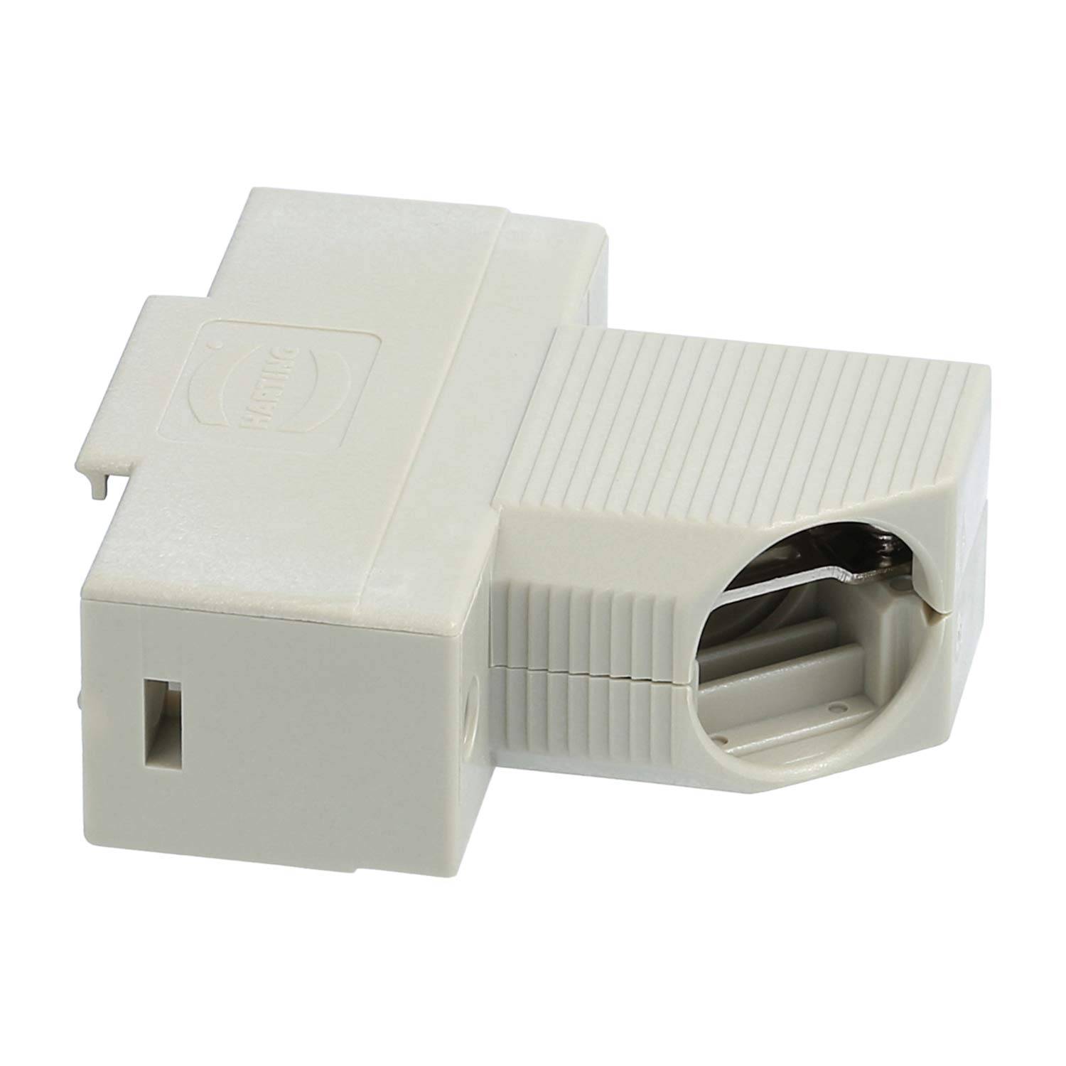 Ein beigefarbener RJ11-Telefonleitungskuppler, der zum Verbinden von zwei Telefonkabeln verwendet wird, mit sichtbaren Anschlüssen für die Steckereinfügung.