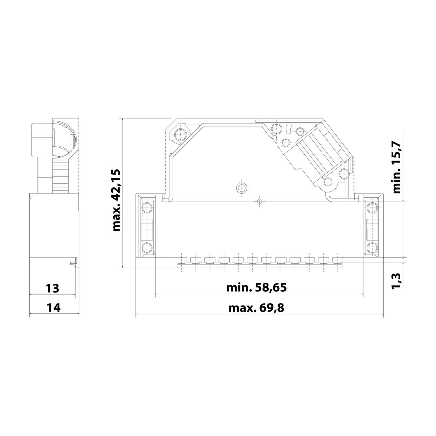 Schaltplan für Elektrostecker Abmessungen: Vorderansicht zeigt Breite mind. 58,65mm, max. 69,8mm; Seitenansicht zeigt Höhe max. 42,15mm.