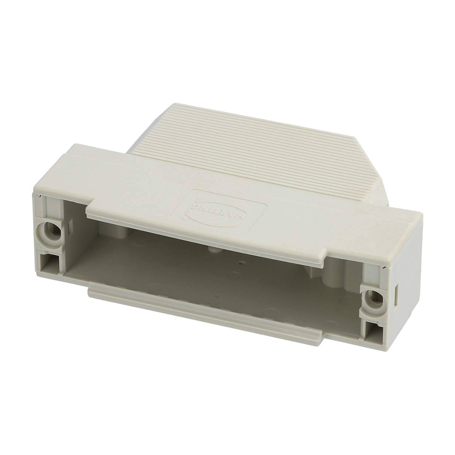 Eine beige Kunststoffschutzkappe für einen 25-poligen Stecker, entwickelt um die Verbindung zu beherbergen und zu schützen, mit Schrauben zur Befestigung.