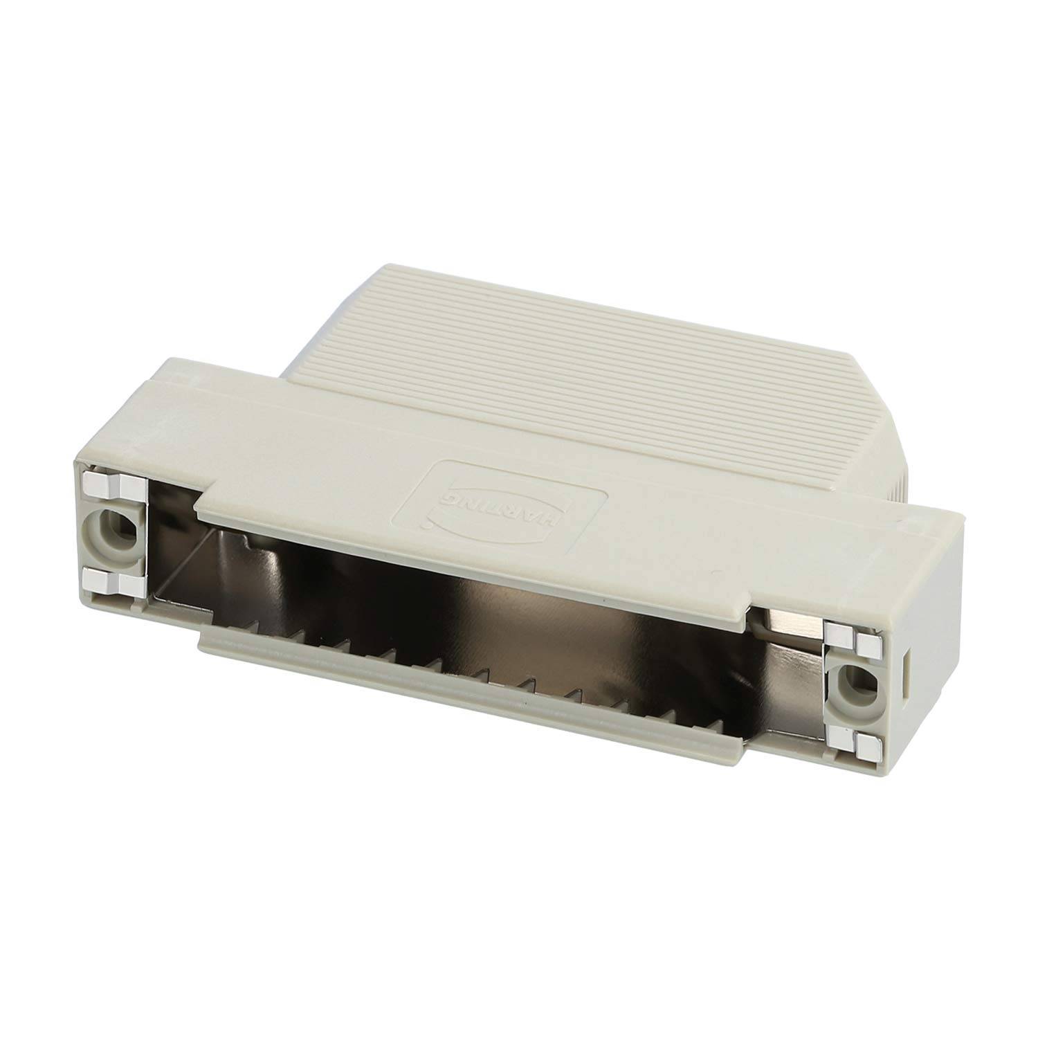 Eine weiße, rechteckige elektronische Komponente mit metallischem Innenleben und Schraublöchern an jeder Ecke, die wahrscheinlich zum Anschluss von Kabeln verwendet wird.