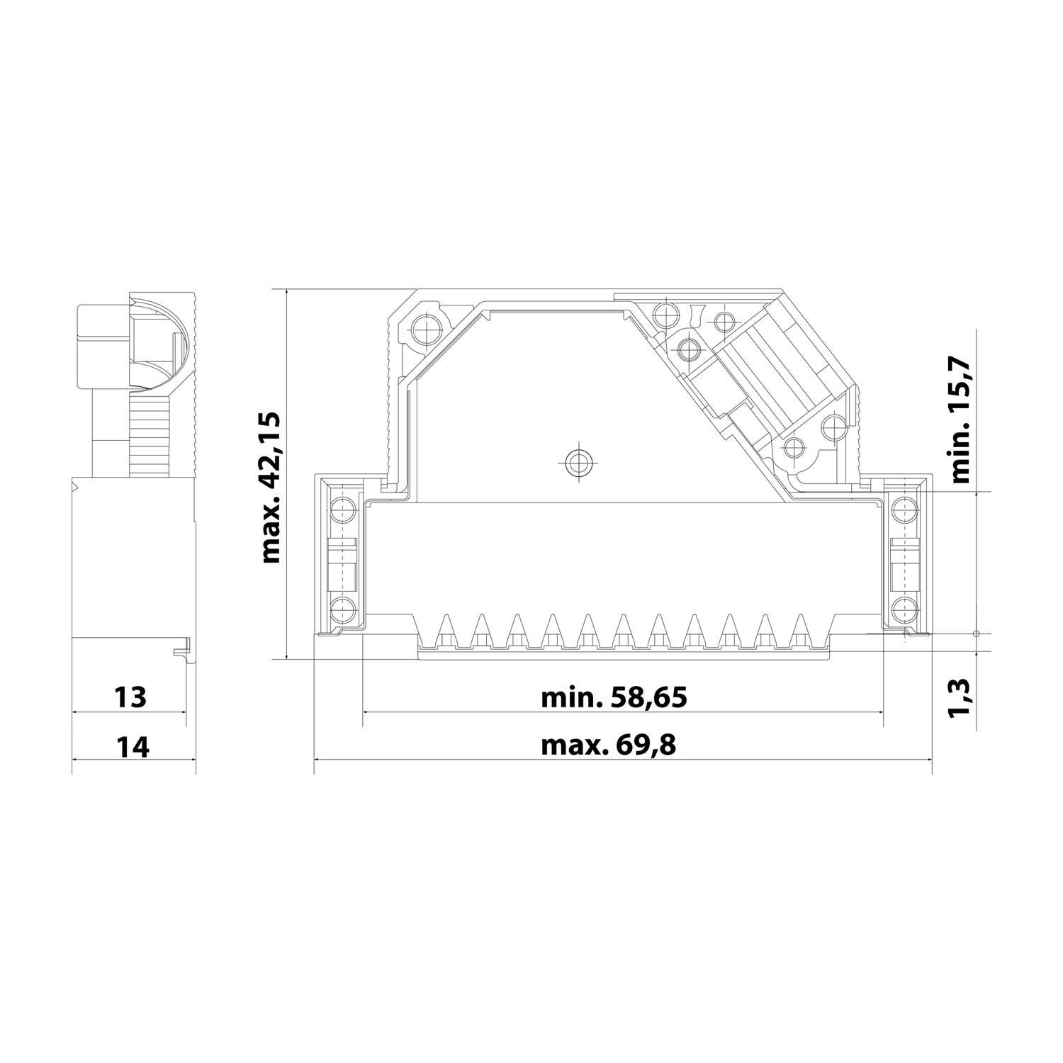 Technische Zeichnung einer elektronischen Komponente mit Abmessungen: 42,15 mm maximale Höhe, 15,7 mm minimale Höhe, 69,8 mm Breite.