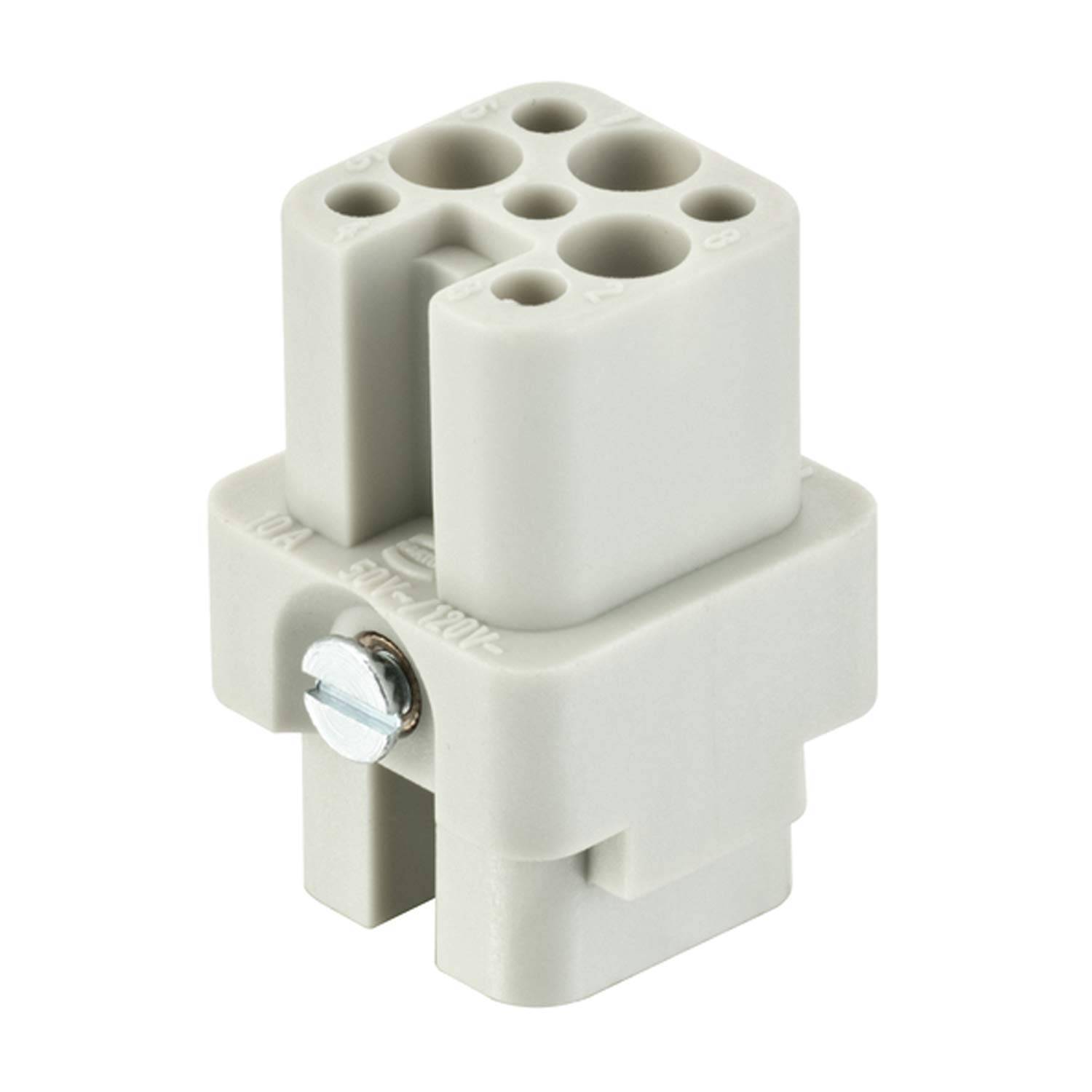 Ein grauer Anschlussblock mit mehreren runden Anschlüssen und einer Metallschraube, der für elektrische Verbindungen verwendet wird.