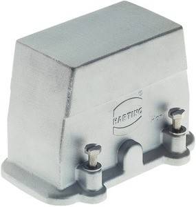 Ein rechteckiges Metallverbindergehäuse mit dem 'Harting'-Logo, ausgestattet mit zwei externen Schrauben zur Befestigung, wahrscheinlich für industrielle Anwendungen verwendet.