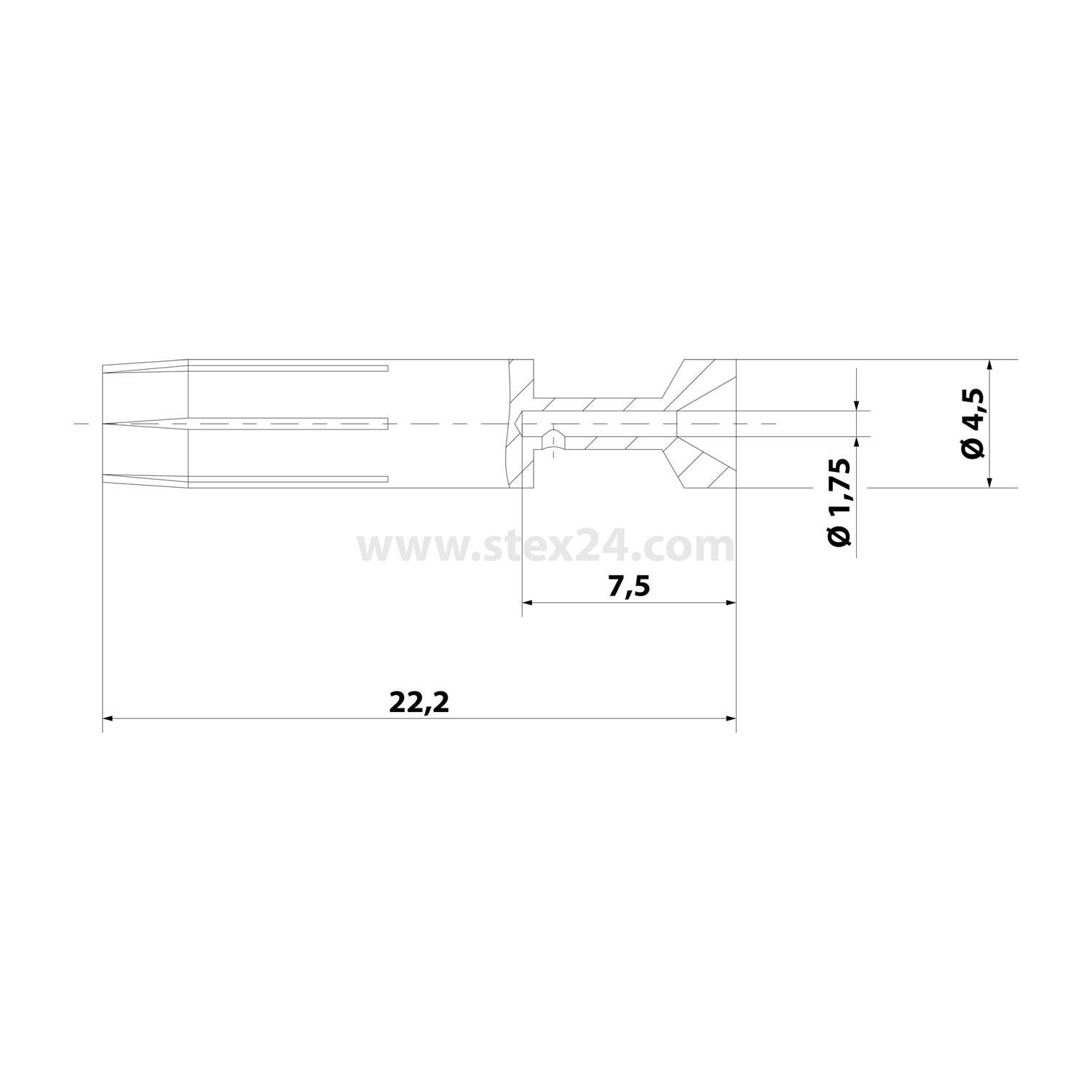 Technische Zeichnung eines zylindrischen Steckerstifte mit Abmessungen: Länge 22,2 mm, Durchmesser 1,75 mm und Außendurchmesser 4,5 mm.