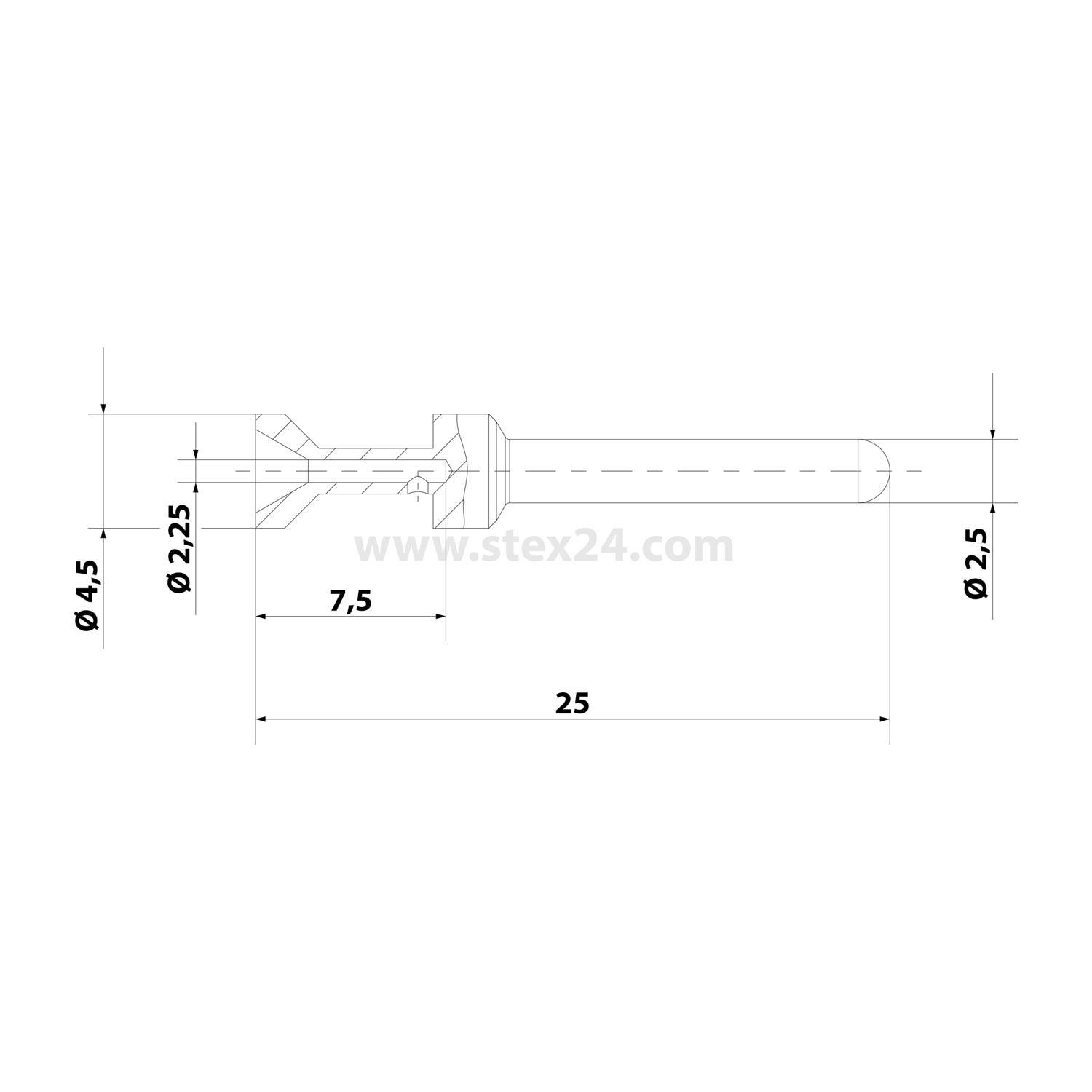 Technisches Diagramm einer zylindrischen Komponente mit Abmessungen: Gesamtlänge 25 Einheiten, unterschiedliche Durchmesser 4,5, 2,25 und 2,5 Einheiten, mit einem hervorgehobenen Segment von 7,5 Einheiten.
