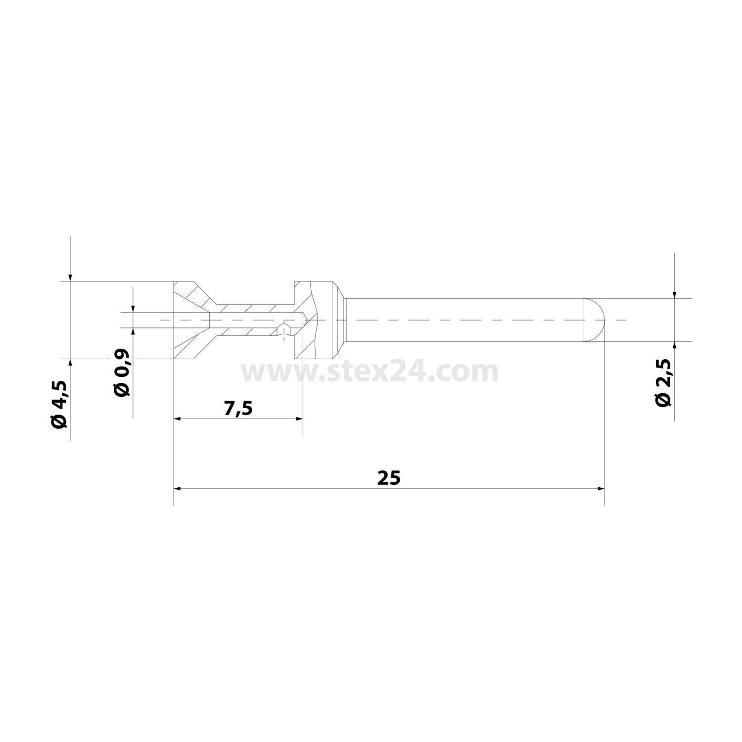 Technische Zeichnung einer zylindrischen Komponente mit angegebenen Abmessungen: Gesamtlänge 25, Kopfdurchmesser 4,5, Wellendurchmesser 2,5 und Kopftiefe 7,5.