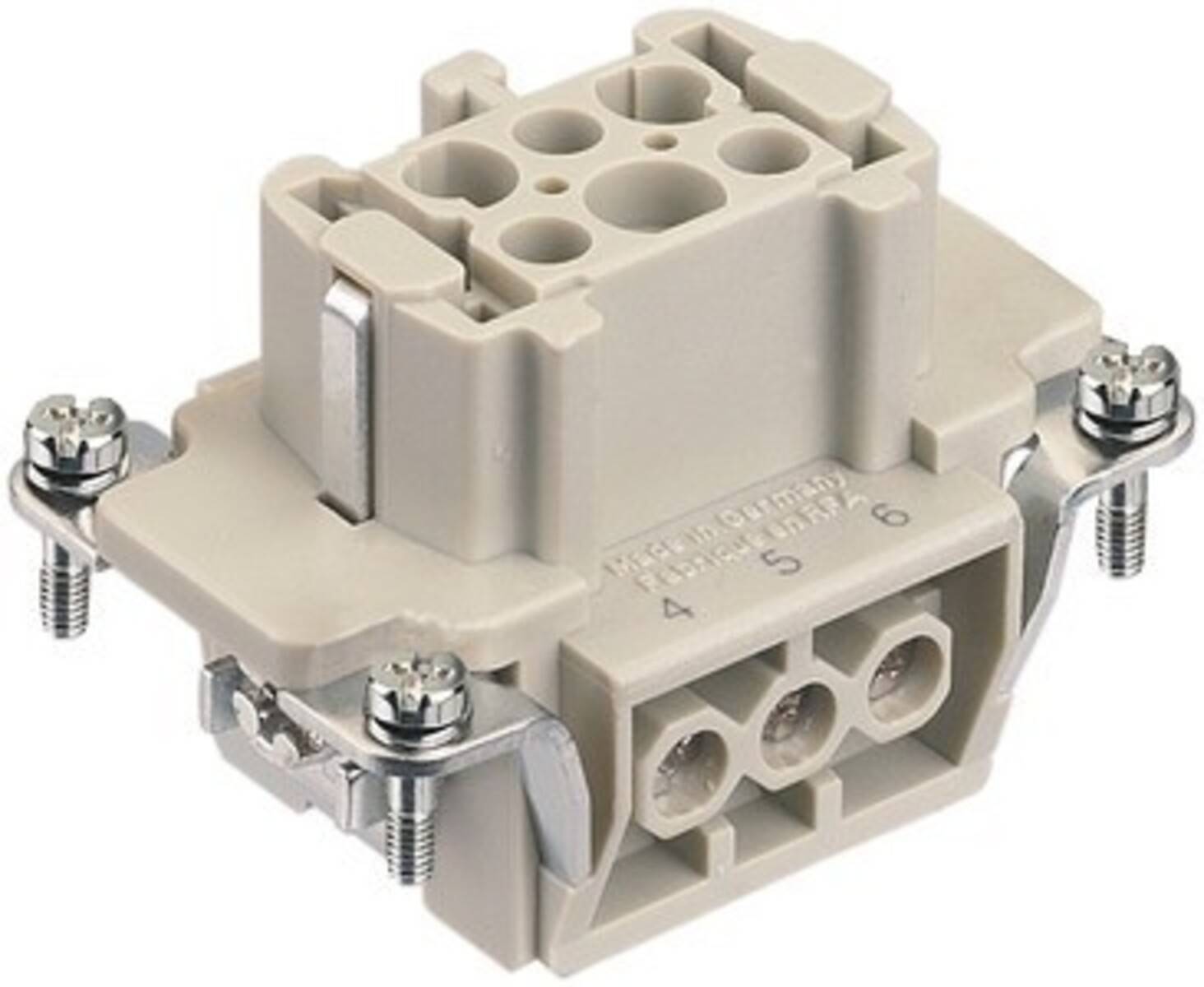 Ein elektrischer Steckverbinder mit mehreren Buchsenpins, versehen mit gesicherten Befestigungsbügeln und Schrauben an beiden Seiten für die Installation.