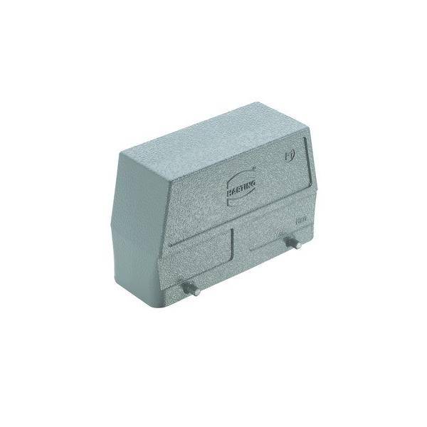 Eine graue, rechteckige elektrische Komponente mit dem 'HARTING'-Logo, ausgestattet mit einem Schutzgehäuse und Schnittstellenanschluss.