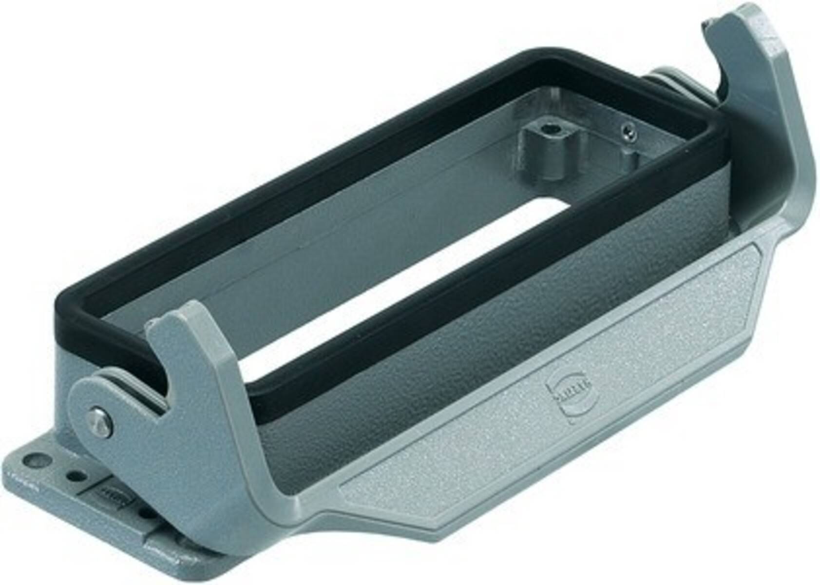 Rechteckiger, grauer Kunststoffgriff mit einer Nut; scheint eine Komponente zu sein, möglicherweise zum Tragen eines Gehäuses oder Geräts.