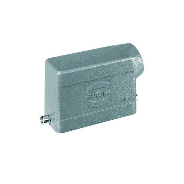 Rechteckiges graues elektronisches Anschlussgehäuse mit geprägtem 'Harting' Logo, das einen seitlichen Kabeleintragspunkt und sichere Befestigungen aufweist.