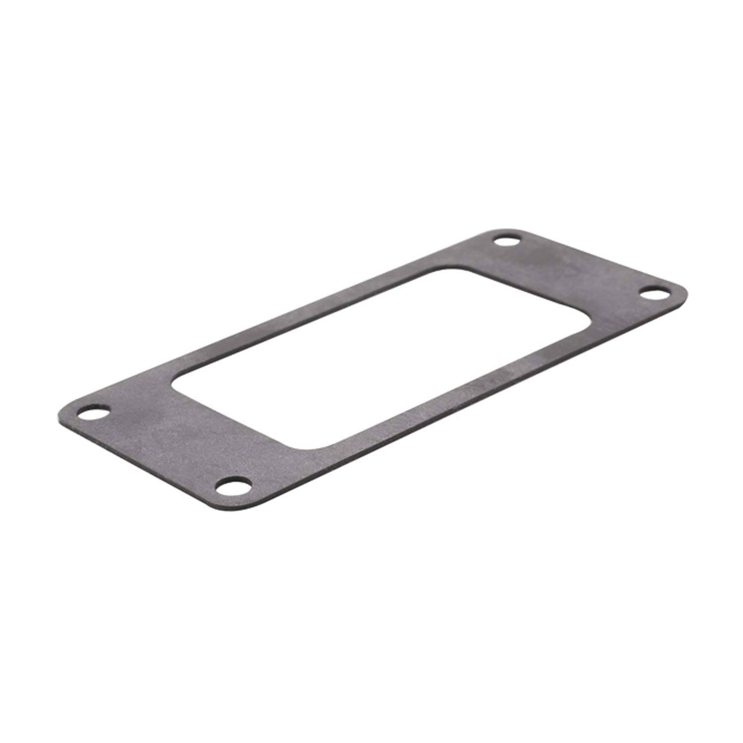 Eine rechteckige, flache Metallplatte mit zentraler Aussparung und vier Ecklöchern, die zur Montage oder als Dichtung in mechanischen Baugruppen verwendet wird.