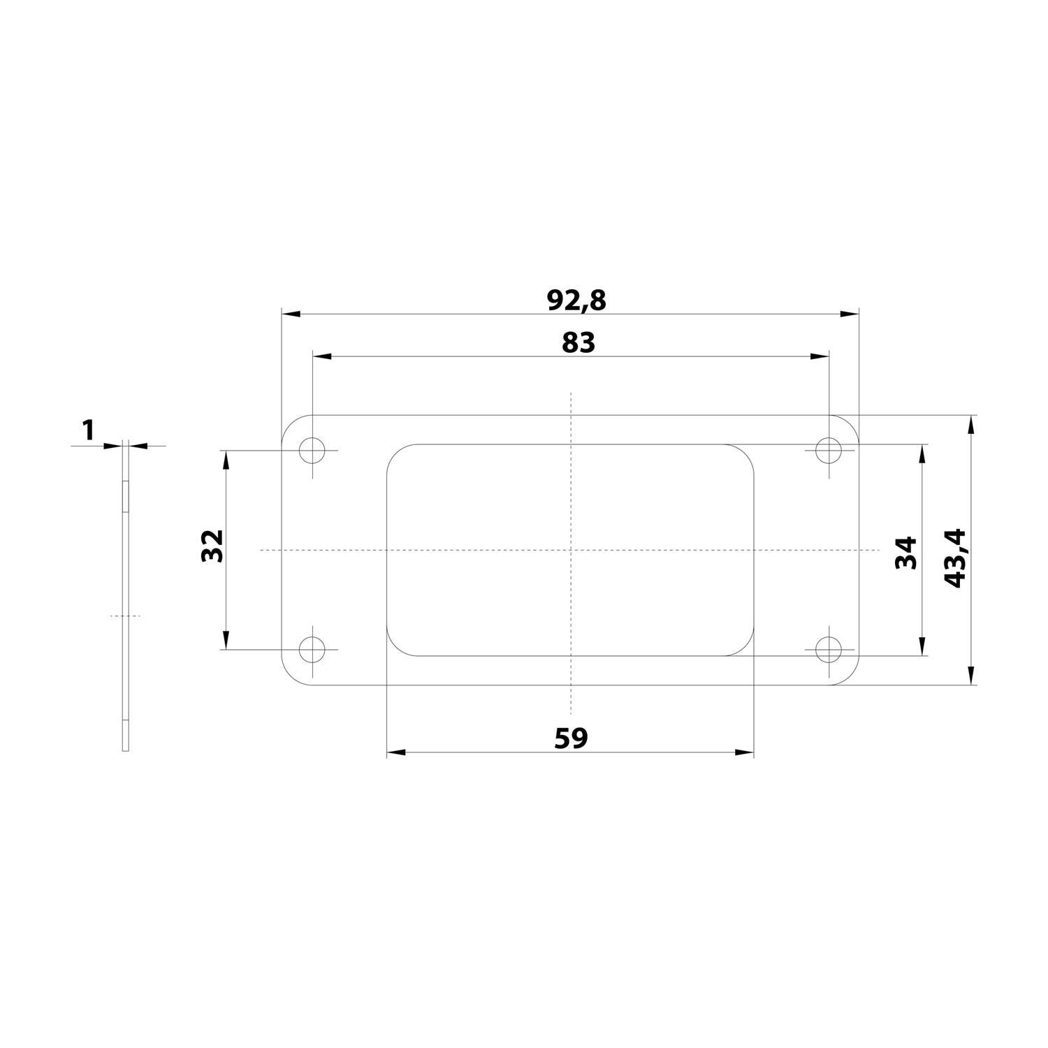 Technische Zeichnung einer rechteckigen Metallhalterung mit den Maßen: 92,8mm Länge, 59mm Breite und 32mm Höhe. Acht Bohrungen zur Befestigung.