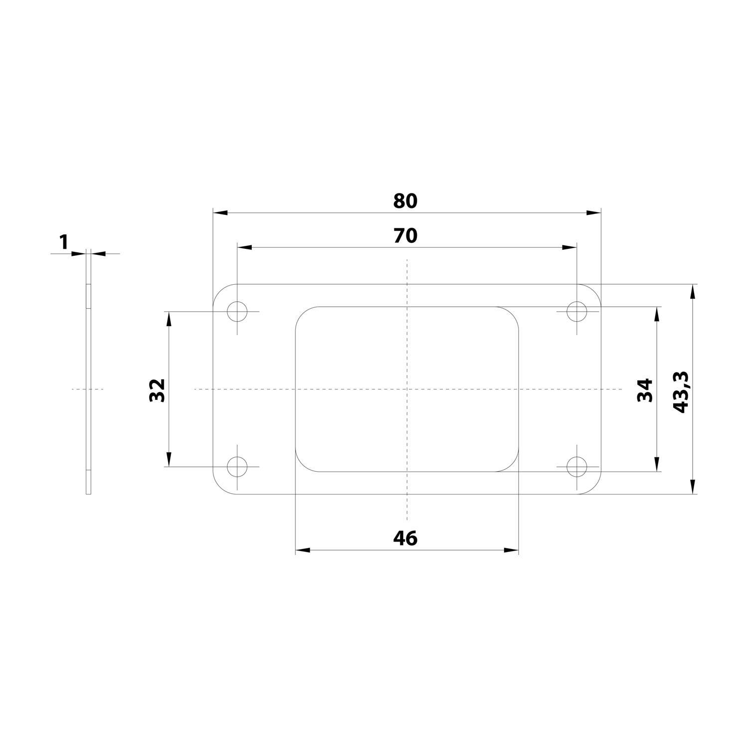 Technische Zeichnung einer rechteckigen Platte mit zentralem Rechteck, vier Ecklöchern und Abmessungen: 80x46mm, kleineres Rechteck 70x32mm.