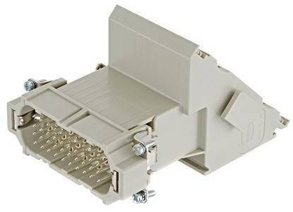 Ein rechteckiger beige Elektroanschluss mit mehreren Pins und einer Montageklammer, der zum Verbinden von elektronischen Geräten oder Komponenten verwendet wird.