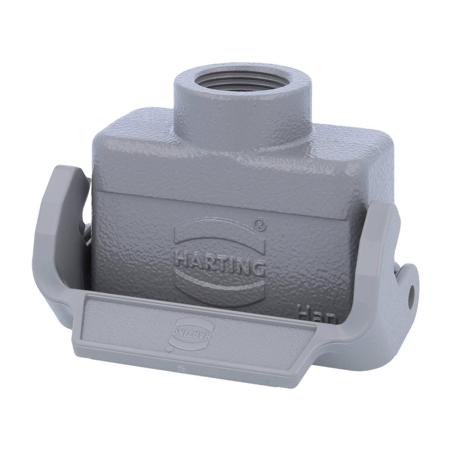 Ein graues Metallverbindungsgehäuse von Harting; mit einem Rundgewinde oben und seitlichen Verriegelungen für sichere Verbindungen.