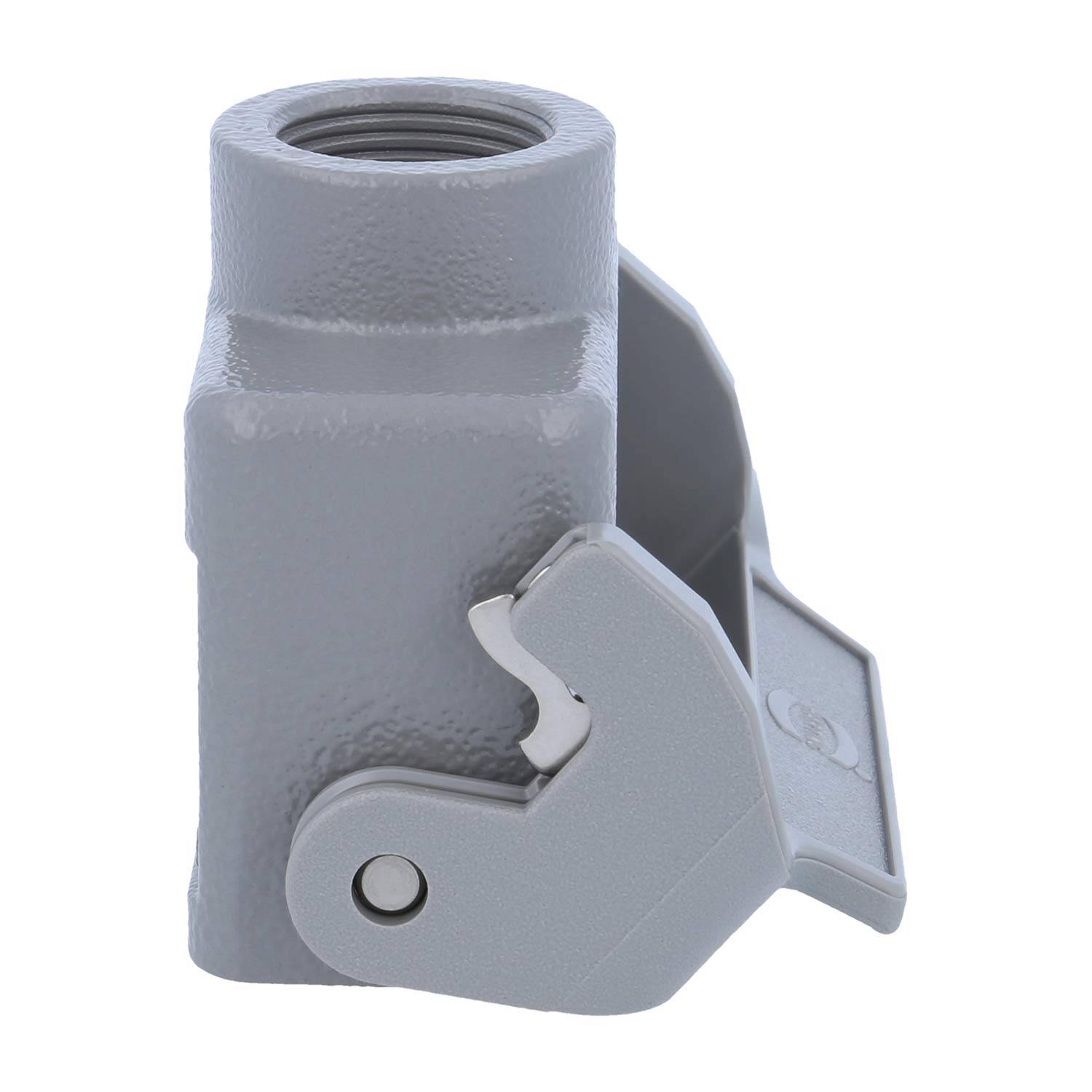 Ein graues, industrielles Metallscharnier mit einer zylindrischen Befestigungsstelle und einem hervorstehenden Verriegelungshebelmechanismus.