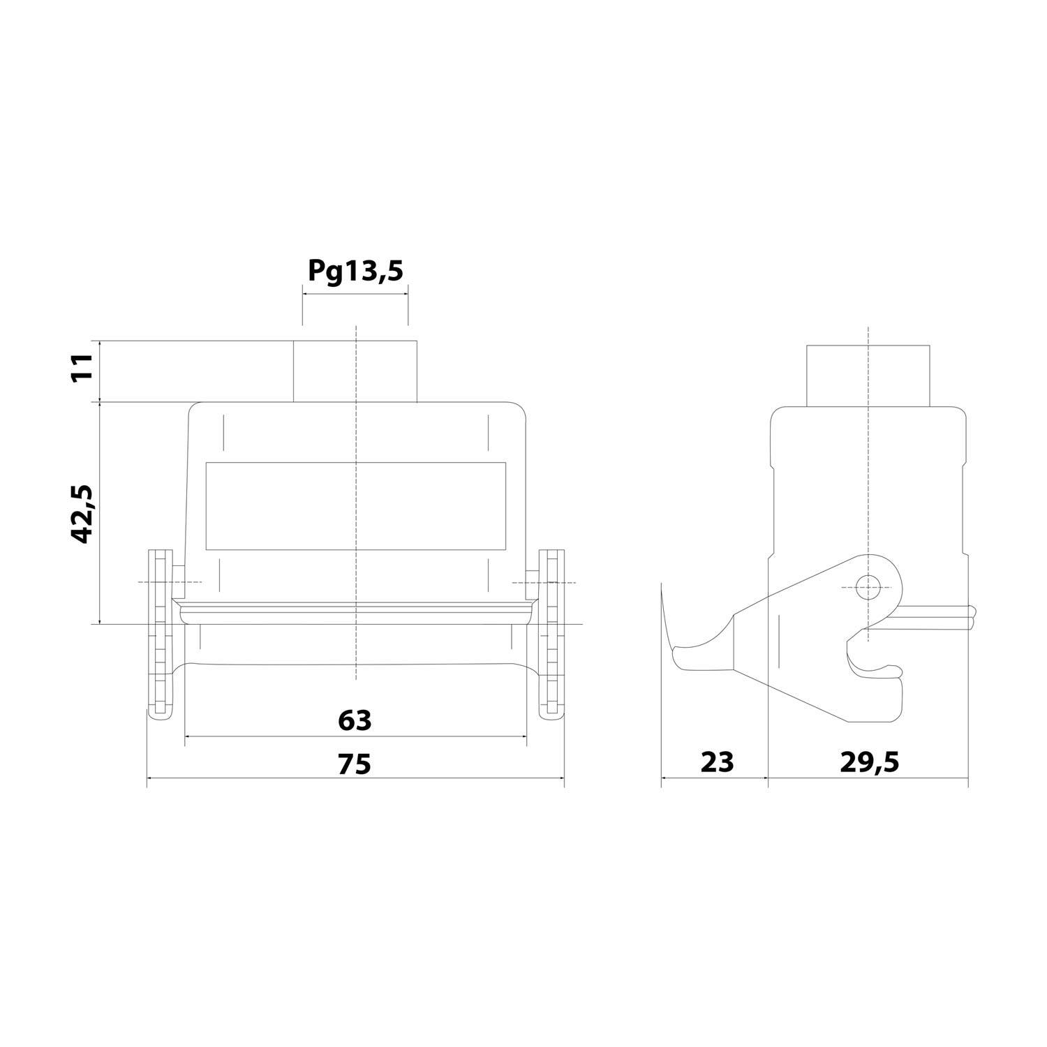 Technische Zeichnung eines mechanischen Teils mit Abmessungen: Höhe 42,5, Breite 75, Tiefe 29,5; mit der Bezeichnung „Pg13.5