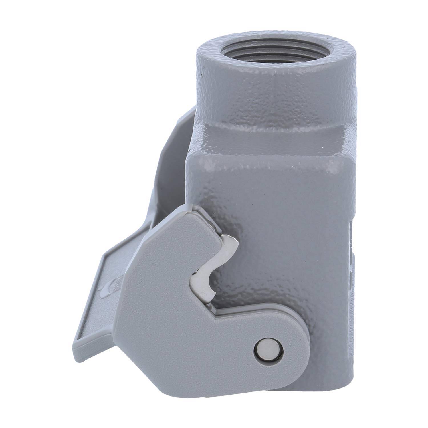 Eine graue, metallische Industrieklemme mit einem zylindrischen Oberteil und einem verstellbaren Hebel an der Seite, die zum Sichern von Rohren oder anderen Komponenten verwendet wird.