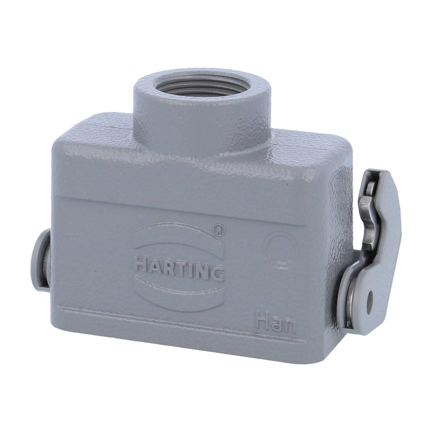 Ein graues Industriesteckverbindergehäuse mit der Marke „HARTING Han