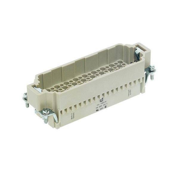 Ein beige farbenes rechteckiges industrielles Steckergehäuse mit Metallklammern an jedem Ende zum Sichern von Verbindungen, verwendet in elektrischen Geräten.