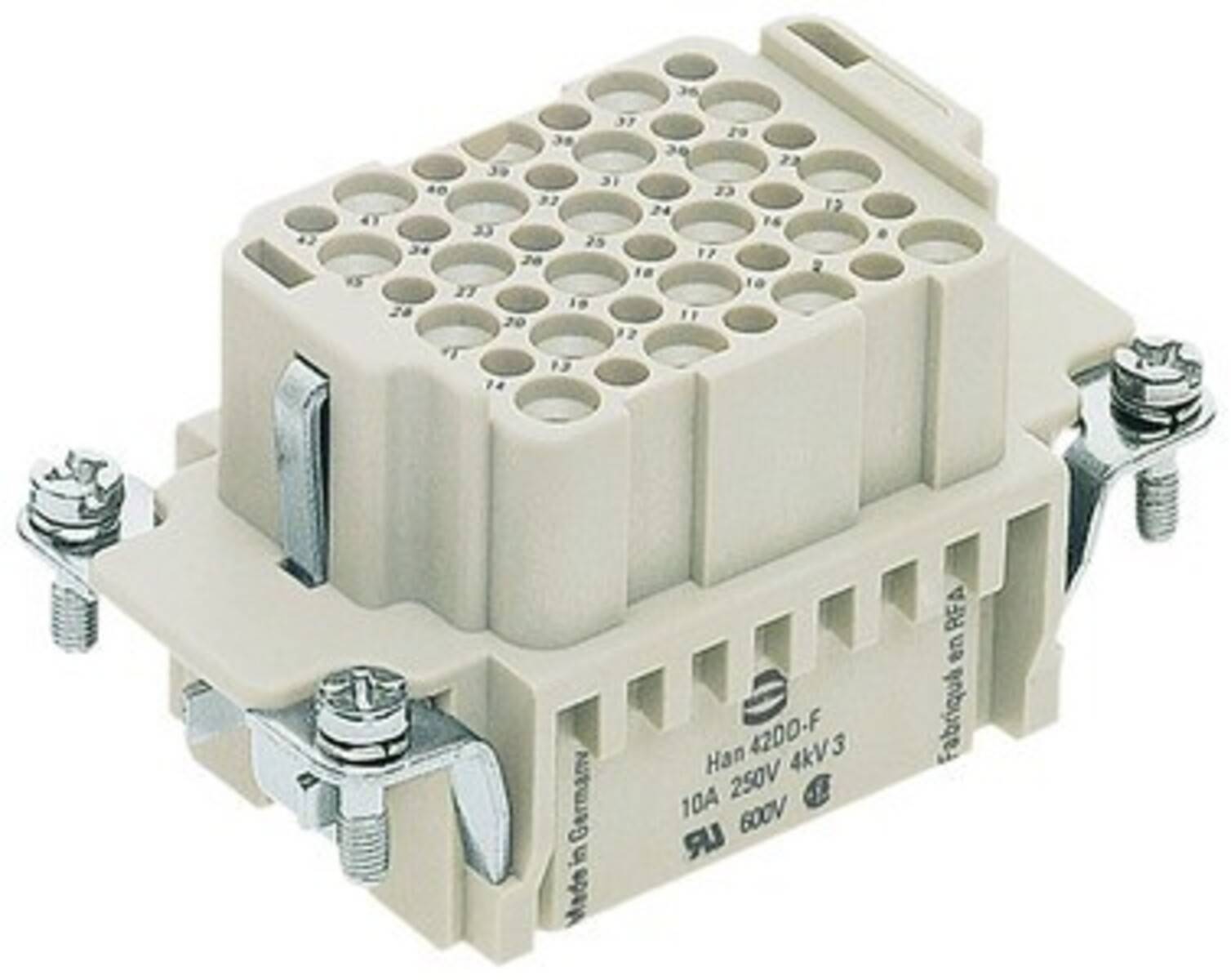 Ein industrieller elektrischer Anschluss mit mehreren kreisförmigen Anschlüssen, mit Nummern zur Verkabelungsorganisation beschriftet. Maximale Bewertungen: 10A, 250V.