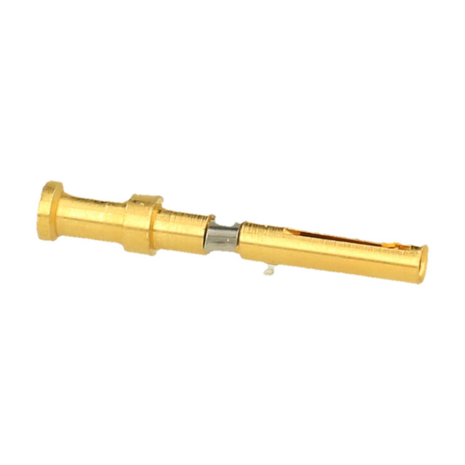 Ein goldener metallischer Stecker mit zylindrischer Form und einer kleinen Nut in der Mitte.