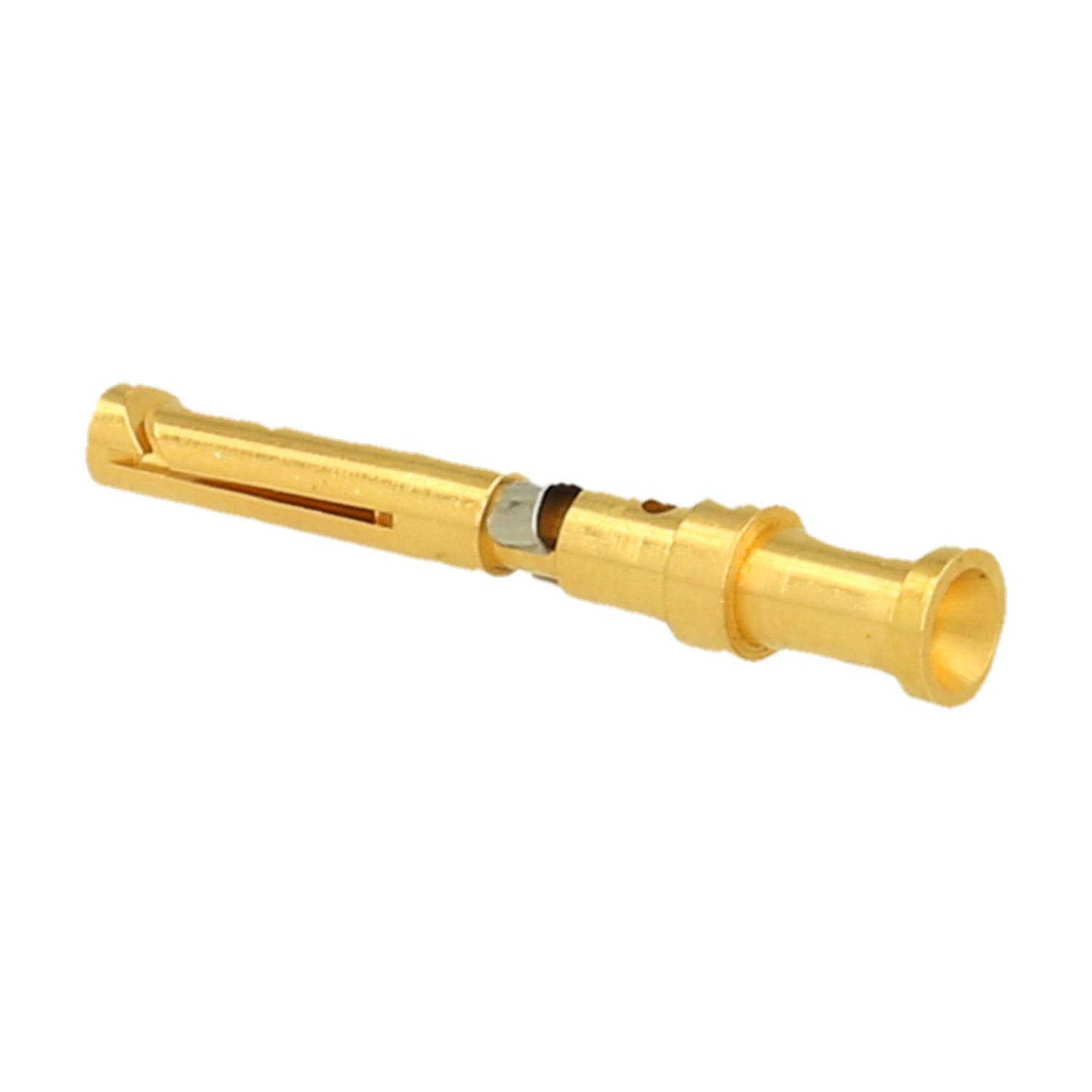 Vergoldeter HF-Steckverbinderstift mit Schlitzdesign zur sicheren Kabelanbringung. Wird in elektronischen Geräten zur Signalübertragung verwendet.