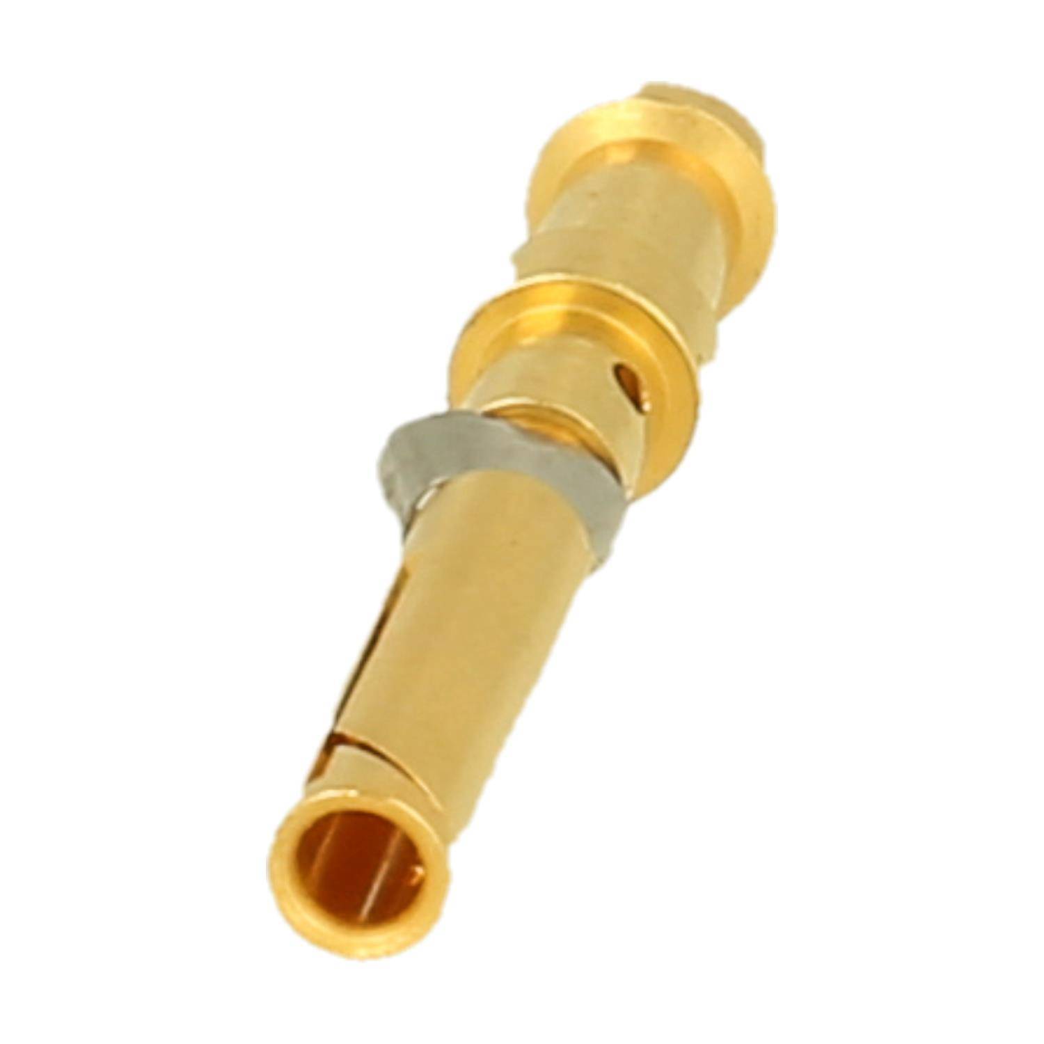 Ein vergoldeter Elektrostecker mit zylindrischem Stift und Kerben, konzipiert für Audio- oder elektronische Geräte.