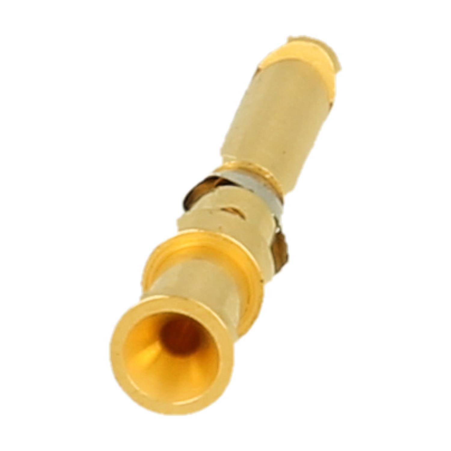 Ein goldener zylindrischer elektronischer Stecker mit Rillen und einer aufgeweiteten Endfläche, der für sichere elektrische Verbindungen in Geräten verwendet wird.