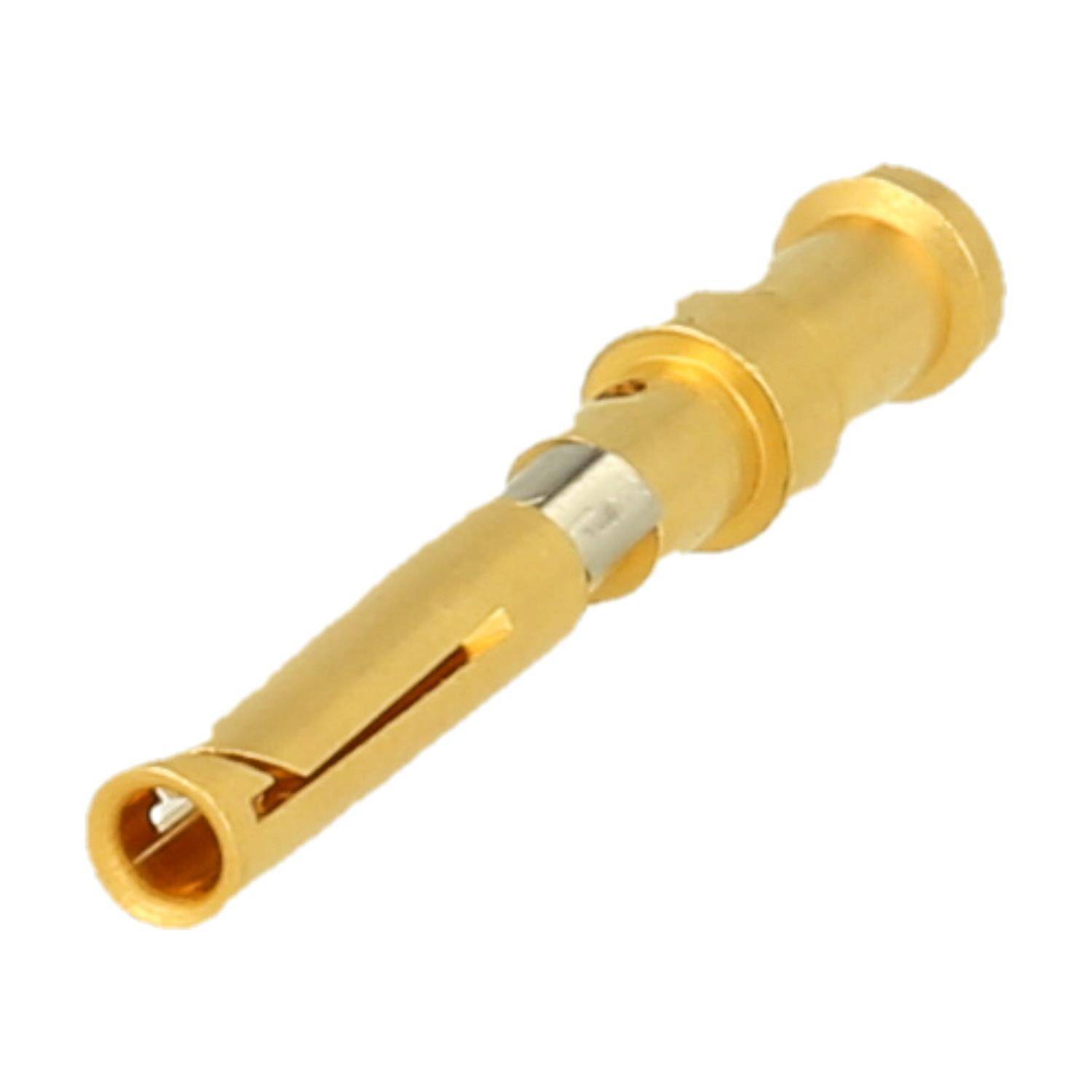 Ein vergoldeter elektrischer Stiftkonnektoren mit zylindrischer Form, verwendet für präzise Verbindungen in elektronischen Baugruppen.