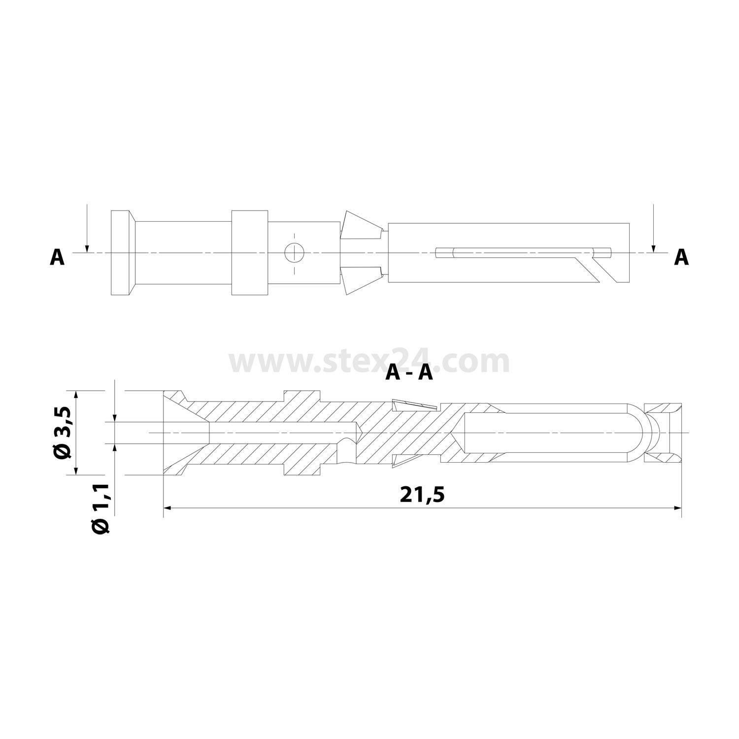 Technische Zeichnung eines Dübels mit beschrifteten Abschnitten und Maßen: Länge 21,5 mm, Durchmesser 3,5 mm und 1,1 mm an verschiedenen Stellen.