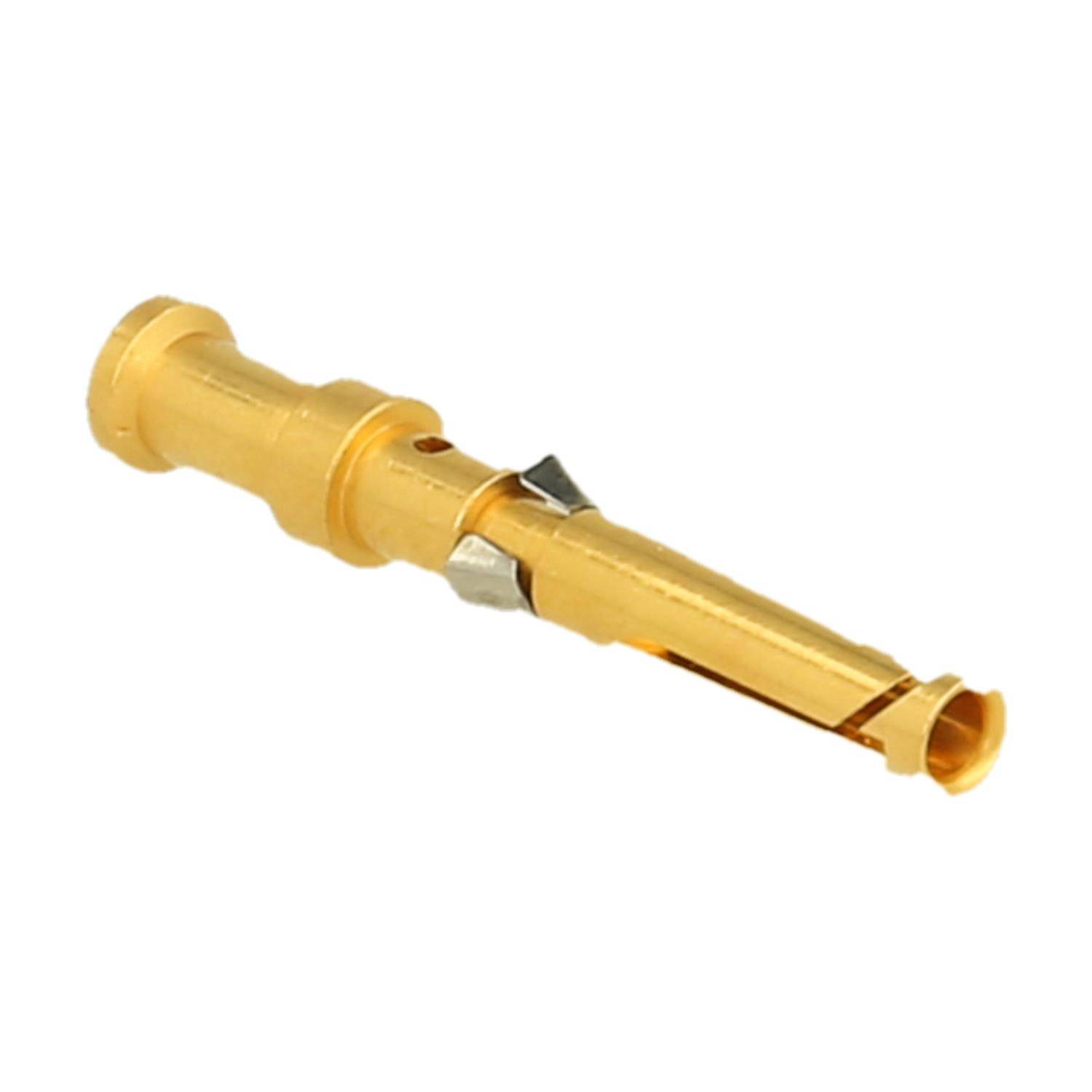 Ein Goldmetall-Stift-Stecker für elektronische Verbindungen, mit einer konischen Zylinderform und einer Schlitzspitze für sichere Befestigung.