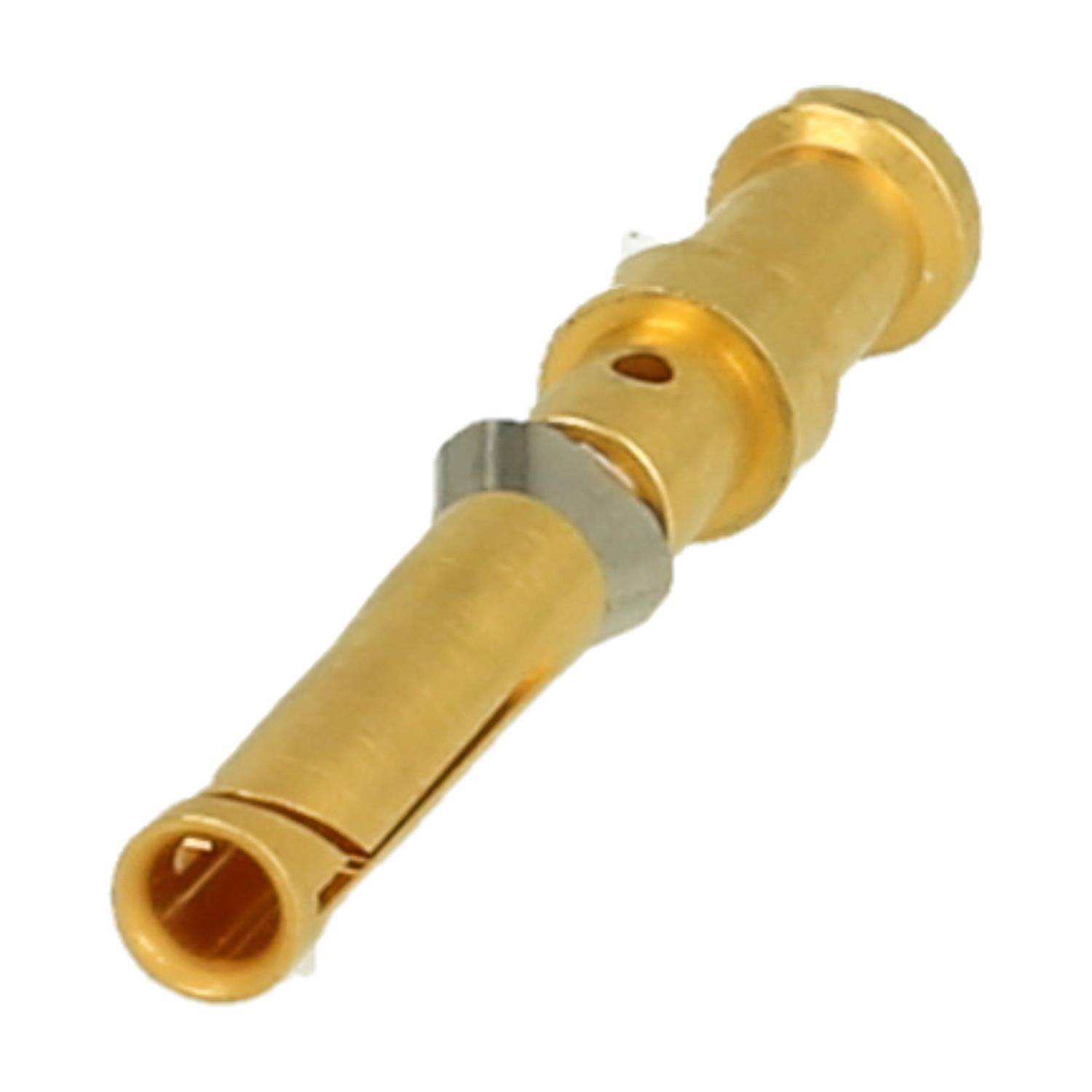 Ein vergoldeter elektrischer Stecker mit zylindrischer Form und einem kleinen Loch in der Mitte, entwickelt für sichere elektrische Verbindungen.