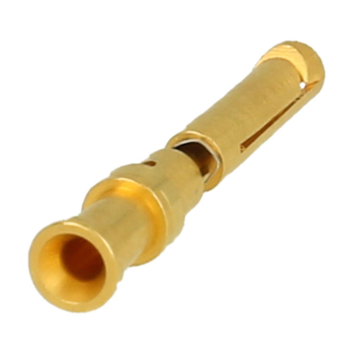 Ein goldmetallischer Elektrostecker mit zylindrischer Form und offenen Enden, der zum Verbinden von Elektrokabeln oder Komponenten verwendet wird.