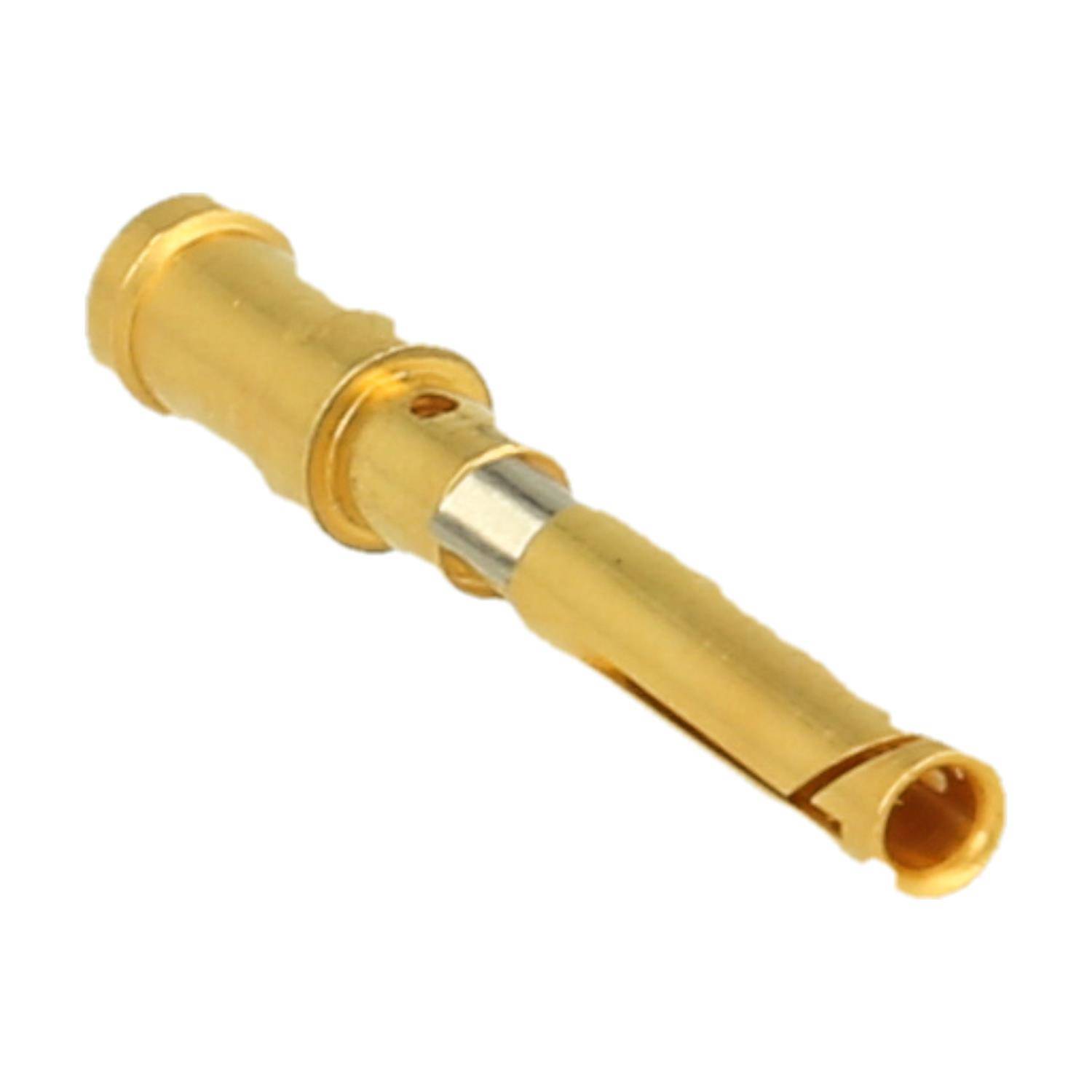 Ein vergoldeter Barrel-Bullet-Stecker für elektrische Verbindungen mit glatter zylindrischer Form und kompakter Größe.