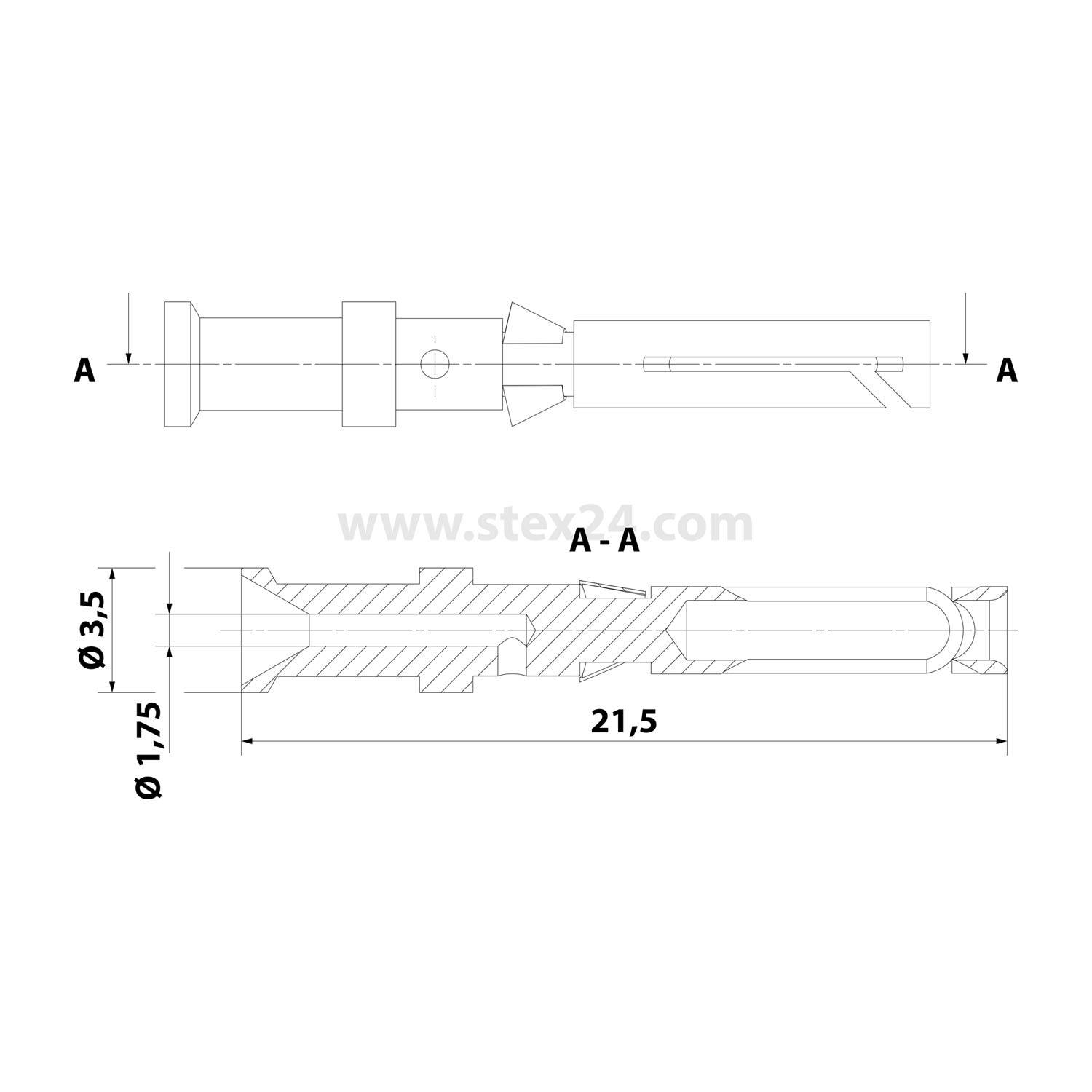 Technische Zeichnung eines Ankerstifts mit Schnittansicht, die Abmessungen zeigt: 21,5 mm Länge, 7,5 mm Durchmesser, 3,5 mm Breite am Ende.