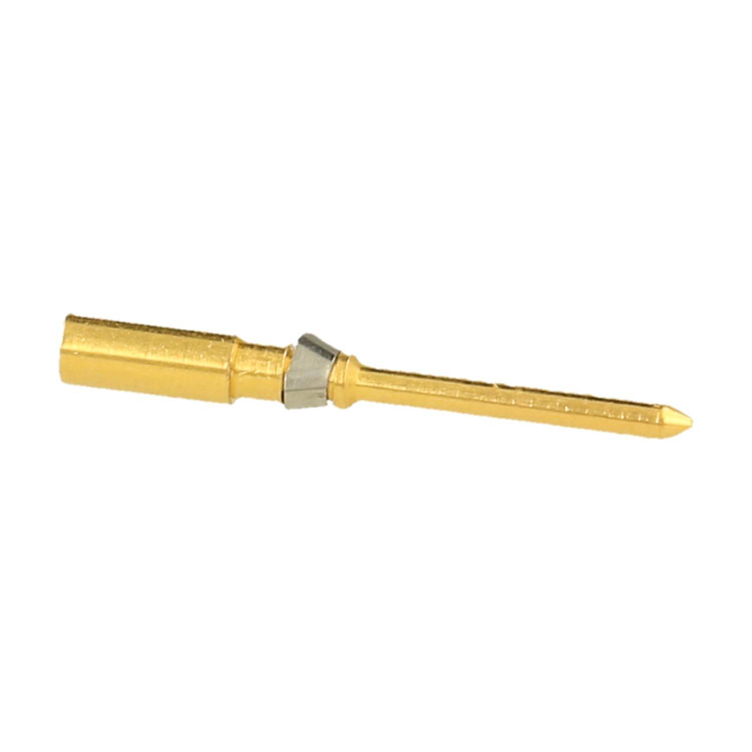 Ein goldener, zylindrischer Steckkontaktstift mit einem silbernen Ring in der Nähe der Basis, der zum Verbinden von Schaltkreisen verwendet wird.