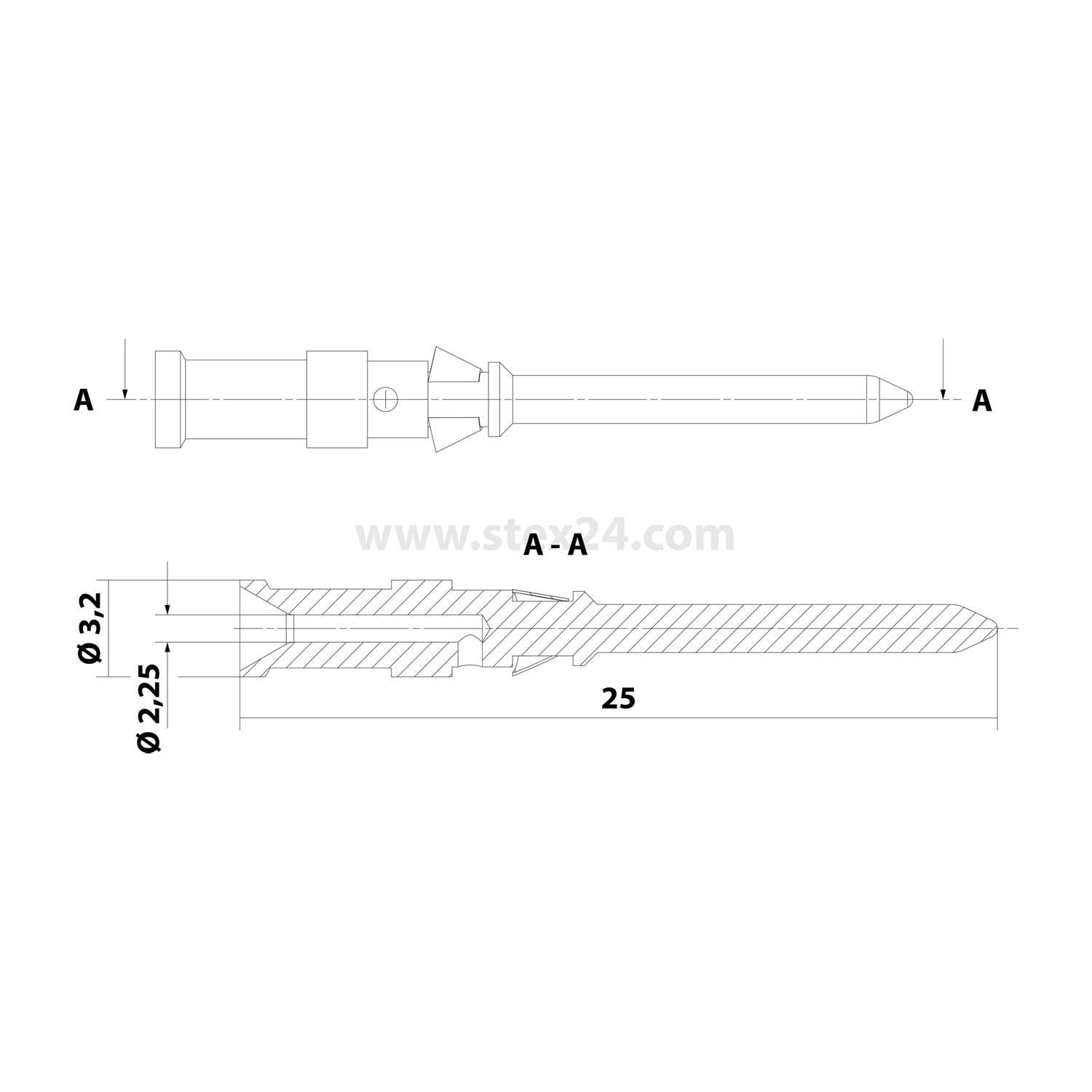 Technisches Diagramm einer Schraube mit Querschnittsansicht, das eine Länge von 25 mm und Durchmesser von 2,25 mm und 3,2 mm zeigt.
