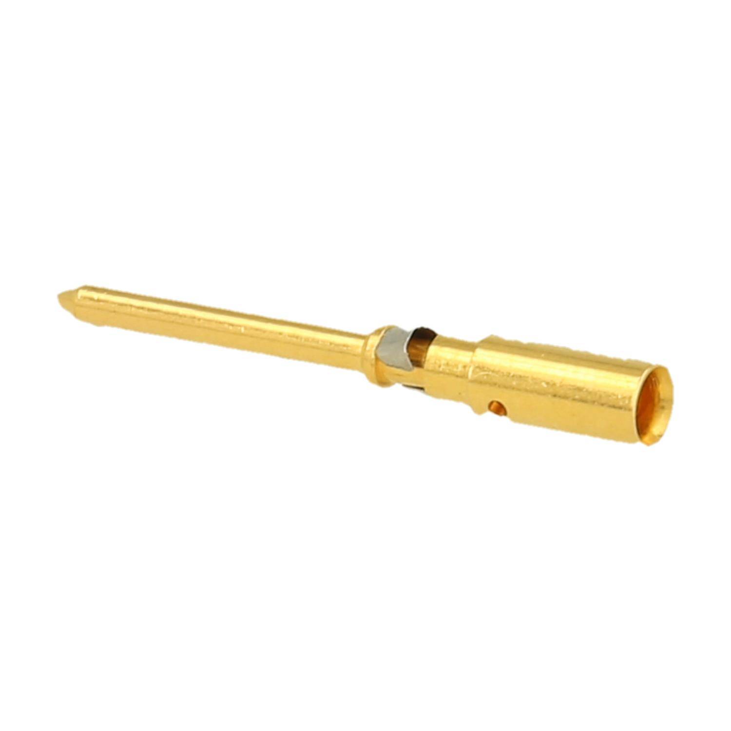 Ein Goldstift mit zylindrischer Basis, der für elektronische Verbindungen in Geräten wie Lautsprechern und Verstärkern verwendet wird.