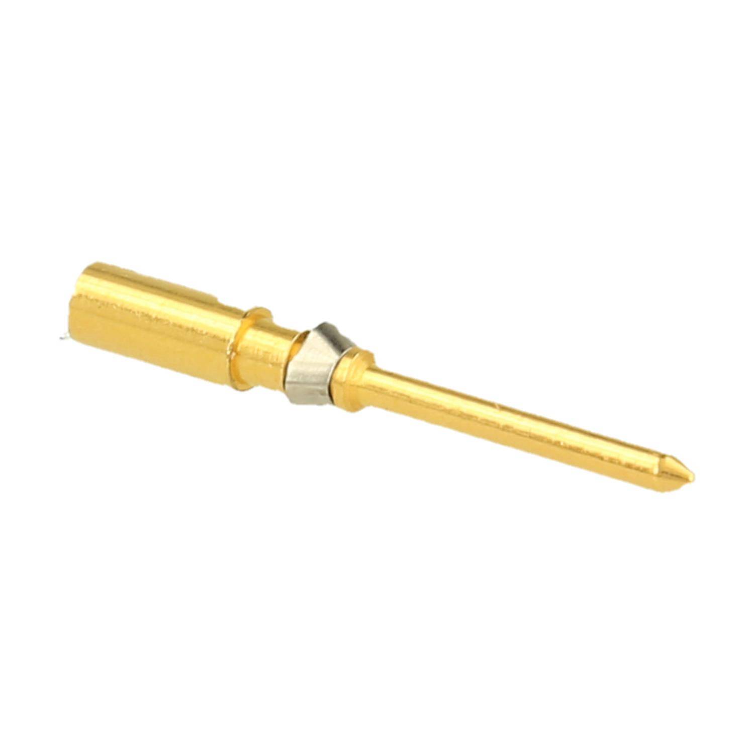 Ein vergoldeter Metallstift mit einer konischen Spitze und einer zylindrischen Basis, möglicherweise für elektronische Verbindungen oder Komponenten verwendet.