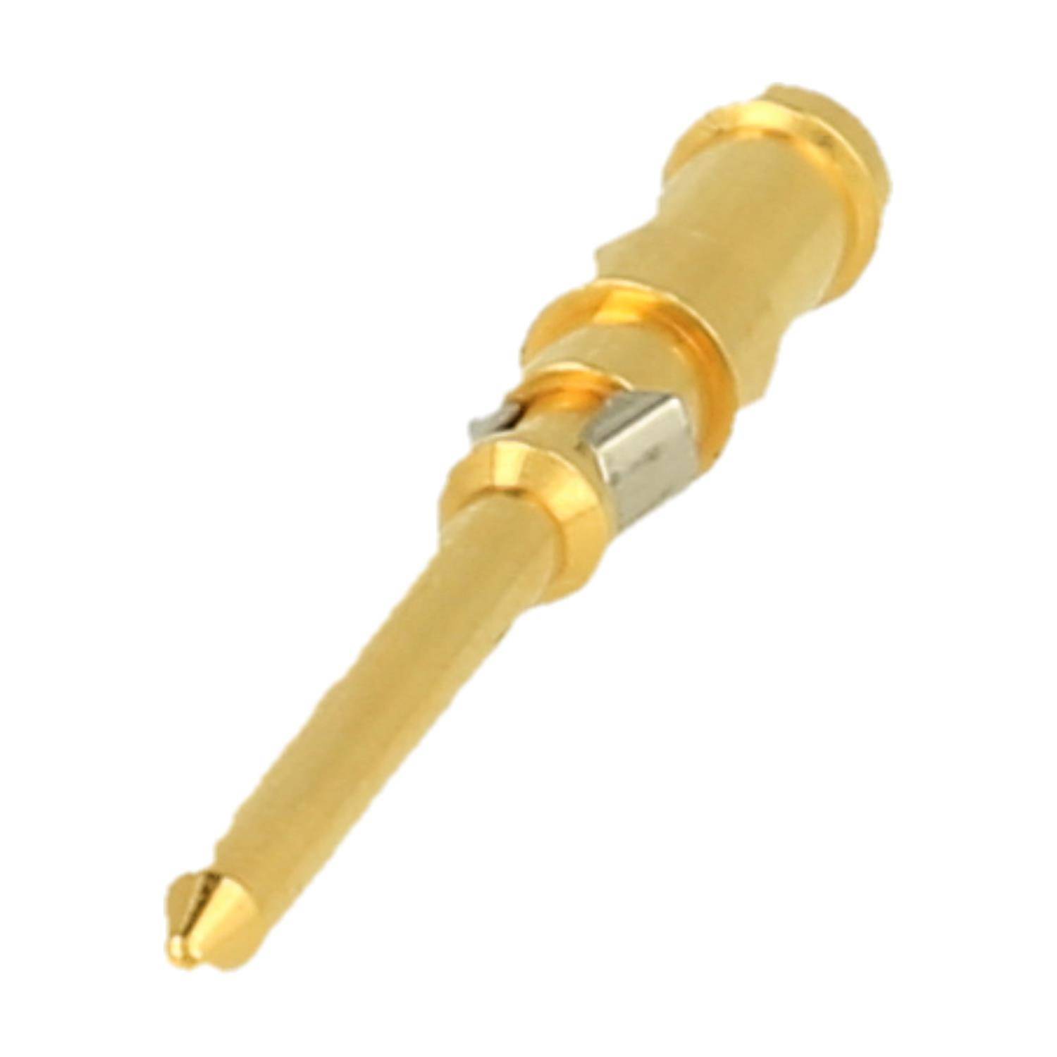 Eine goldene Stecknadel mit zylindrischem Körper und spitzem Ende, möglicherweise ein elektronischer Stecker oder eine Komponente, schräg gegen einen weißen Hintergrund angewinkelt.