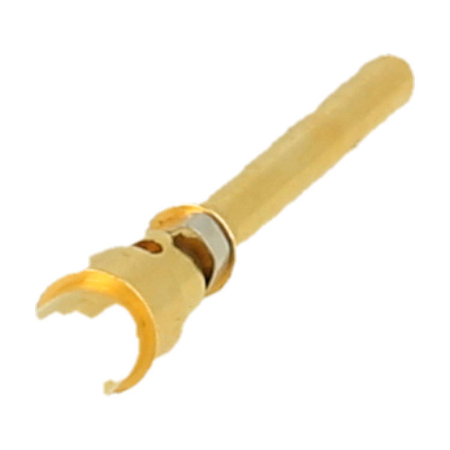 Ein goldfarben zylindrischer Steckerkontakt mit gespaltener Spitze, der für elektrische oder elektronische Verbindungen verwendet wird.